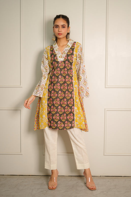 Kashi Hand Block Printed Patch Worked Kurta