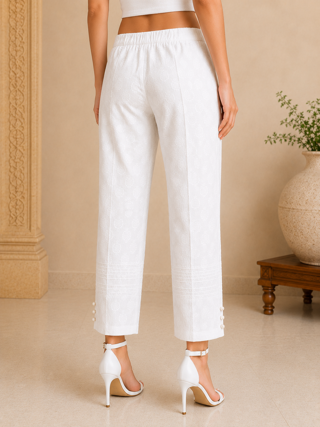 Self-Textured Pintuck Cotton Pants