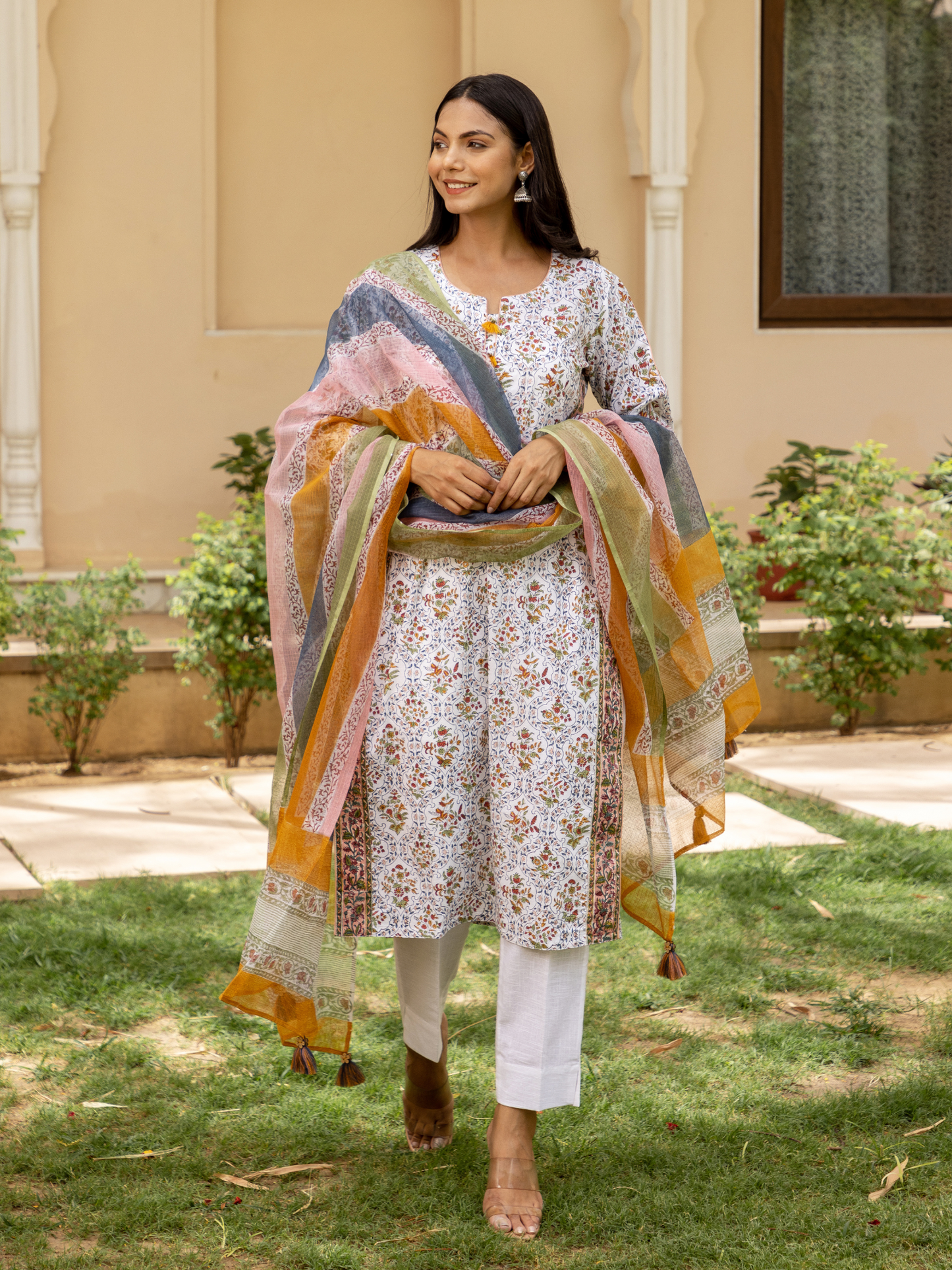 White Mehrab Butti Print Kurta Set