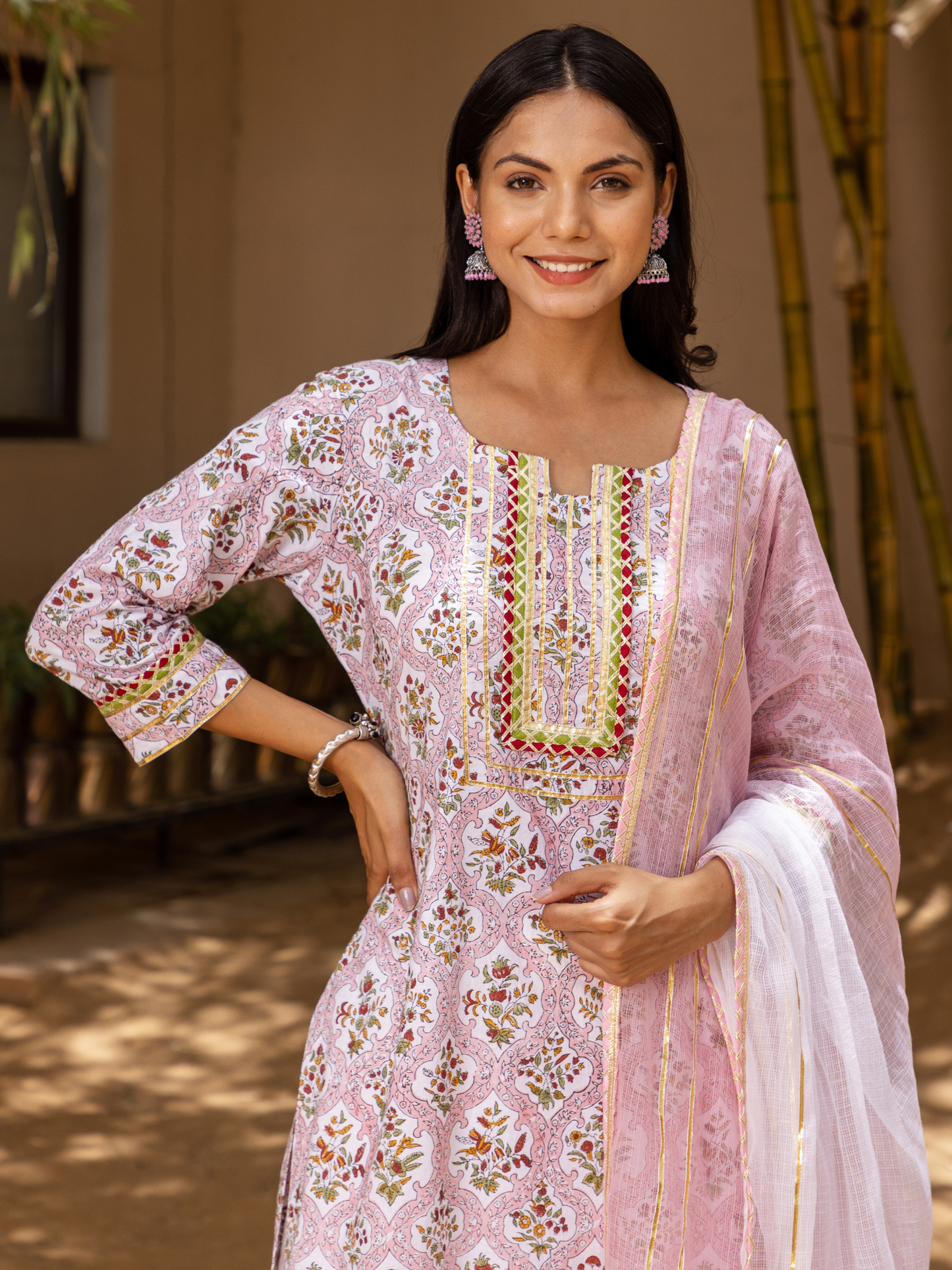Pink Mehrab Butti Print Kurta Set