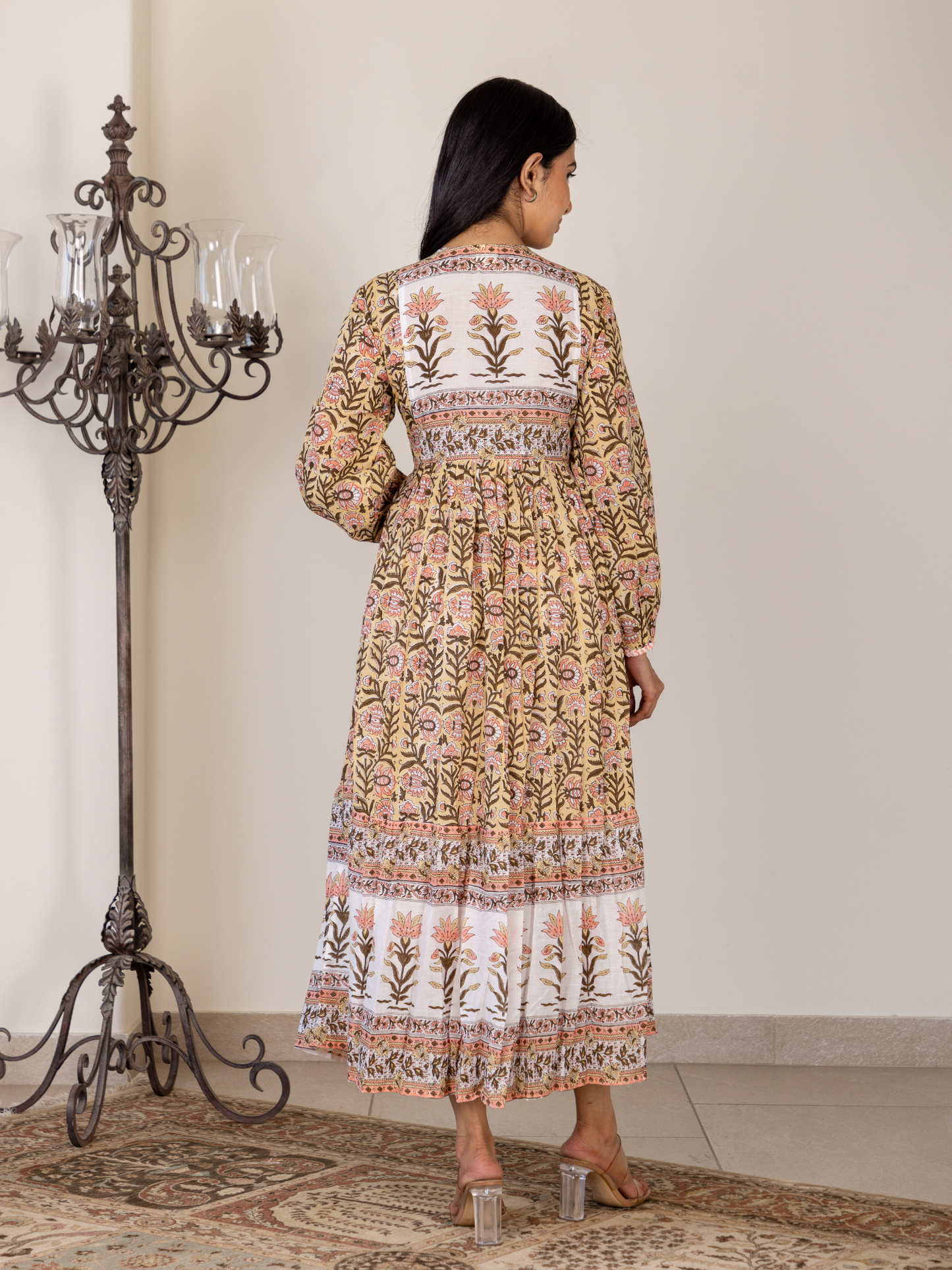 Yellow Ivory Floral Jaal Tiered Dress