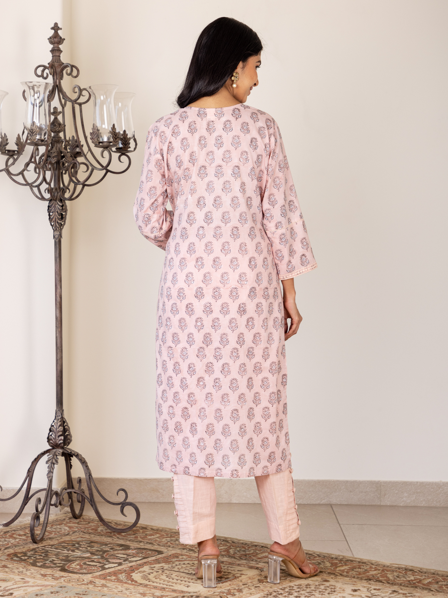 Pastel Peach Block Print Buti Kurta Set