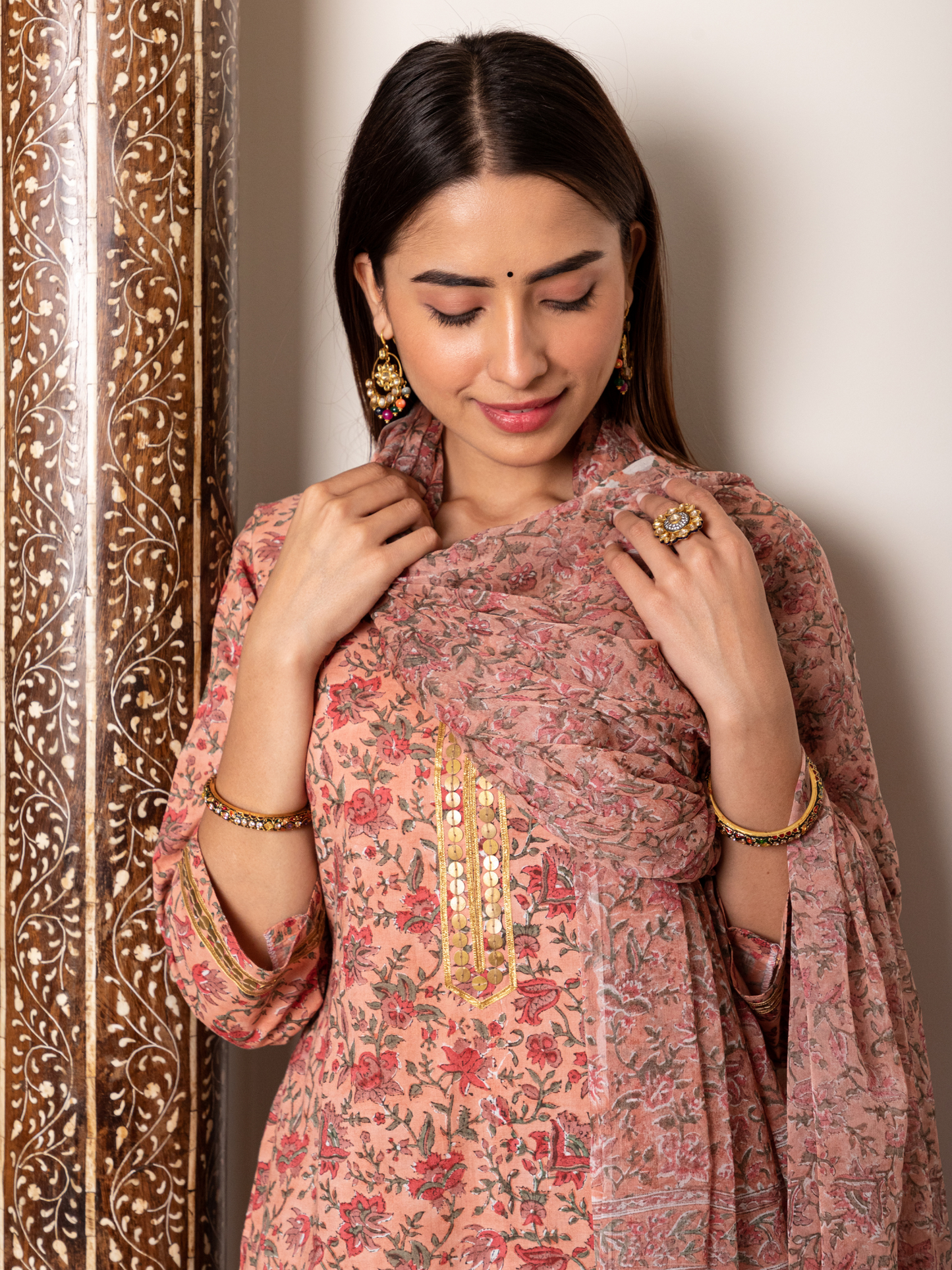 Peach and Black Floral Jaal Gharara Set