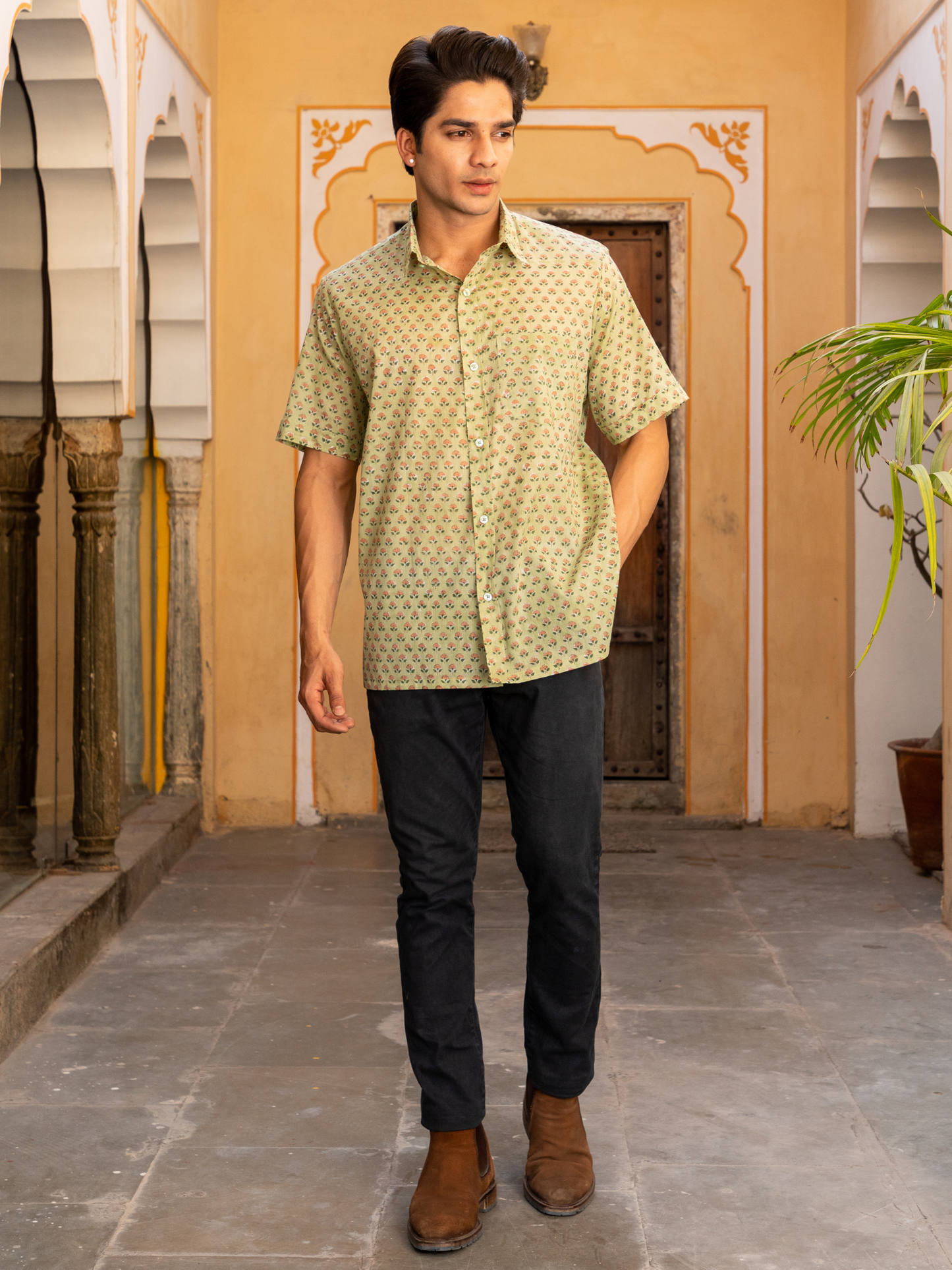 Lite Green Block Printed Buti Floral Shirt