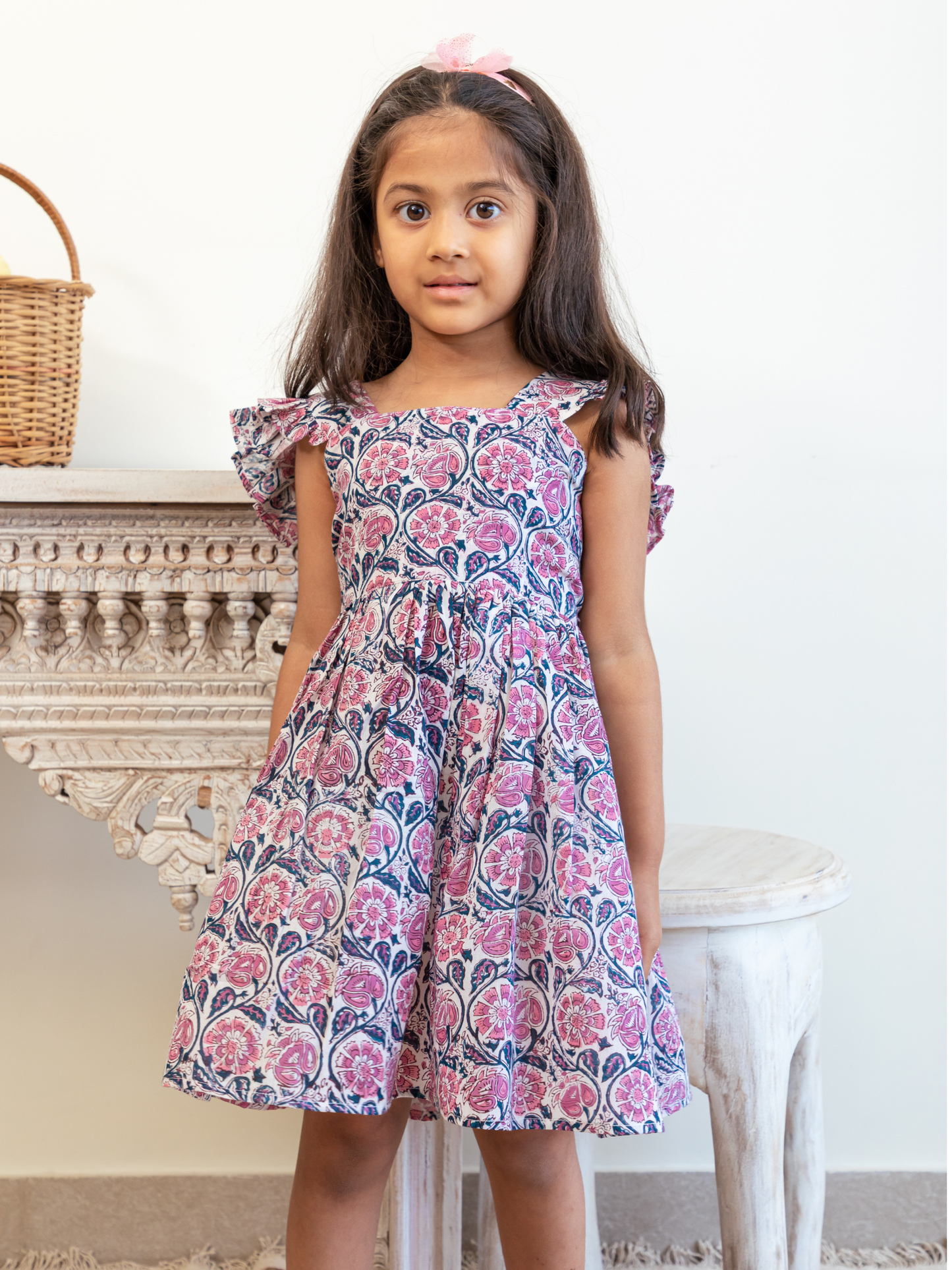 Pink Floral Hand Block Jaal Print Bow and Frilled Frock