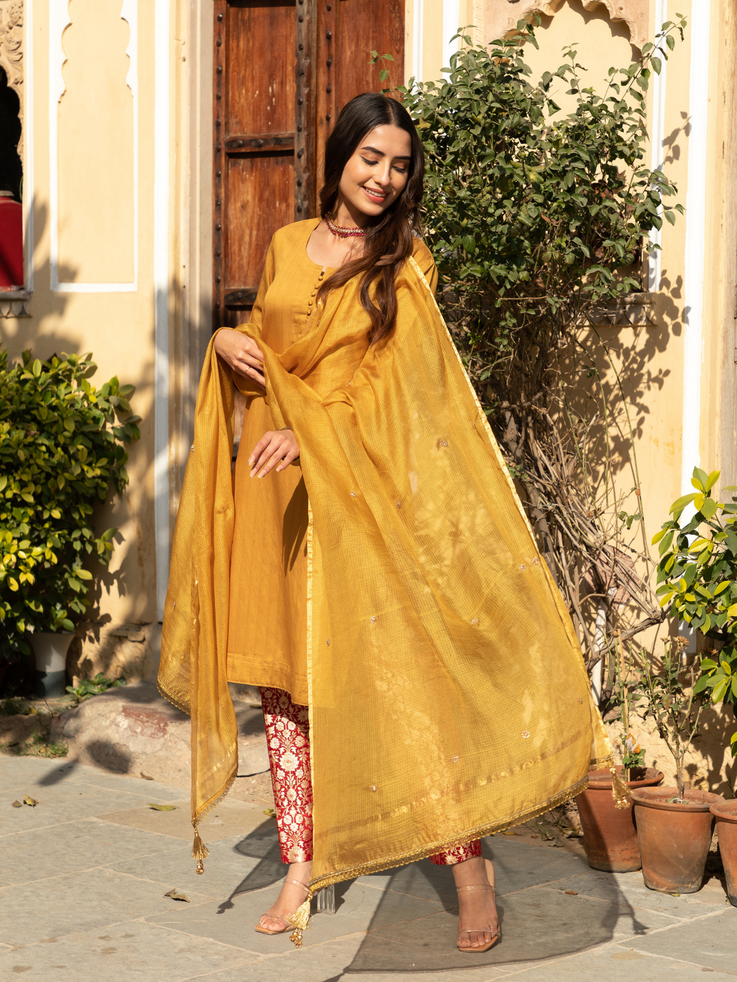 Mustard Color Chanderi Kurta with Pure Kimkhab Pant and Doriya Dupatta Set