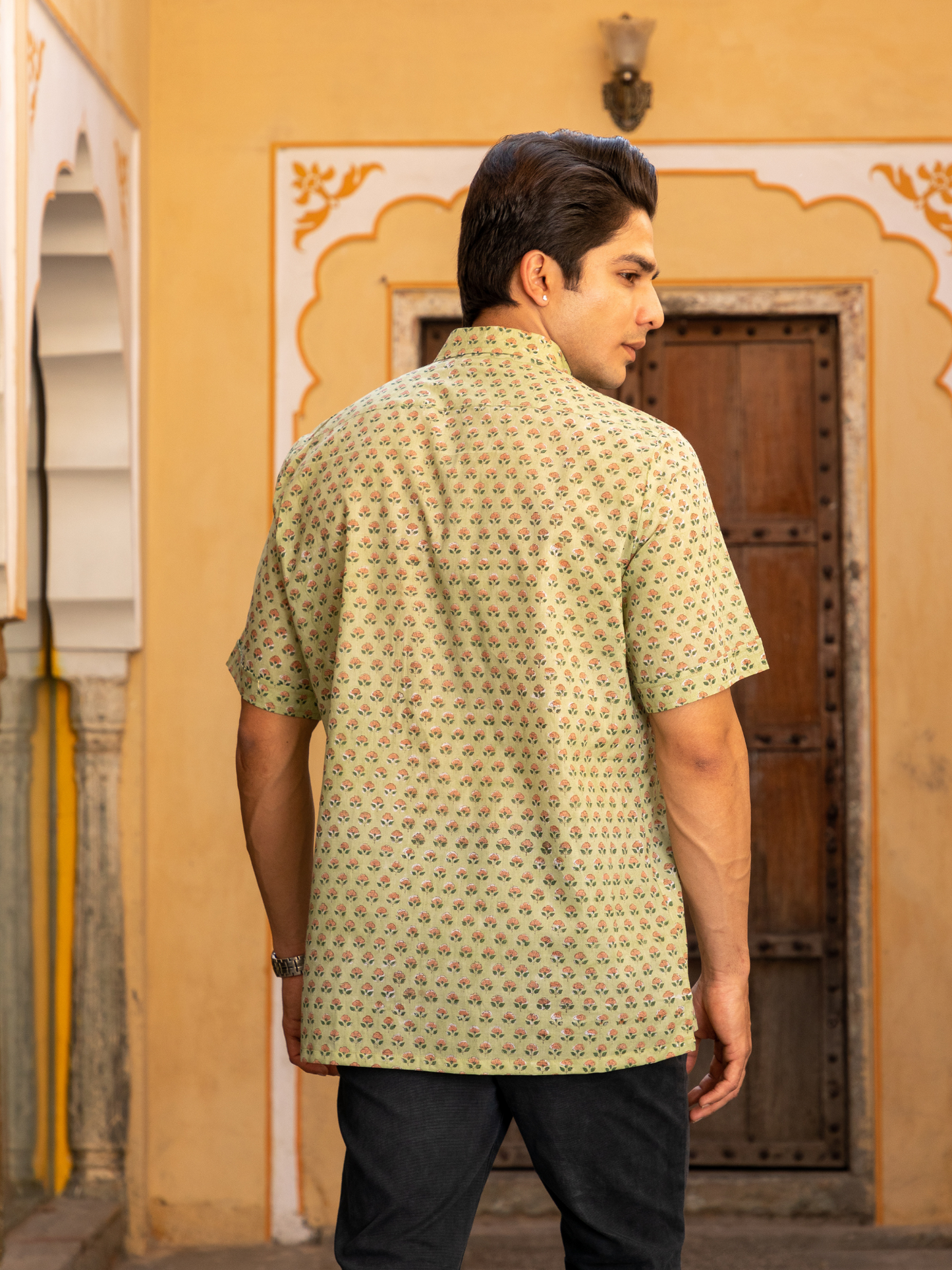 Lite Green Block Printed Buti Floral Shirt