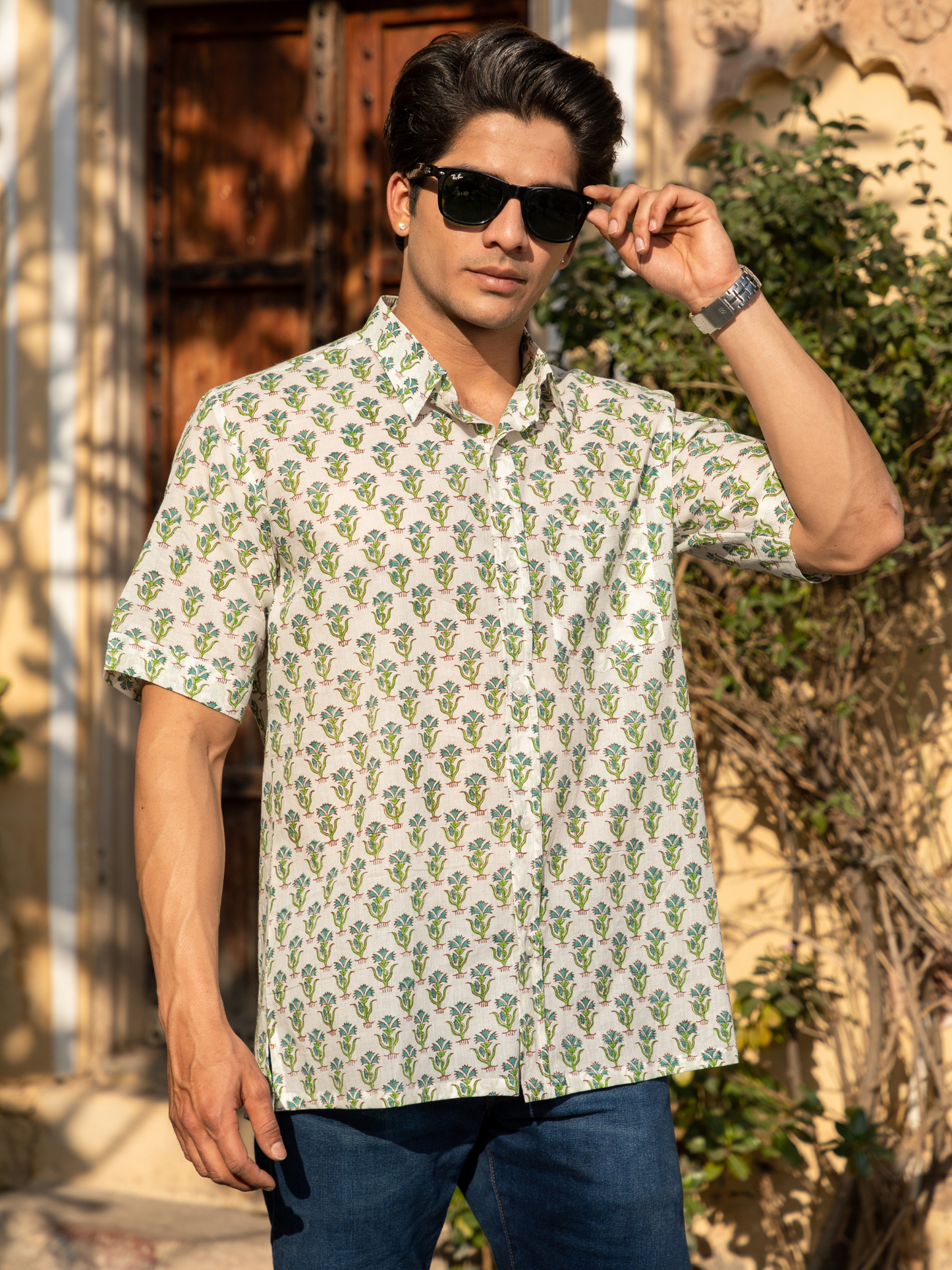 Green Block Printed Floral Buti Shirt