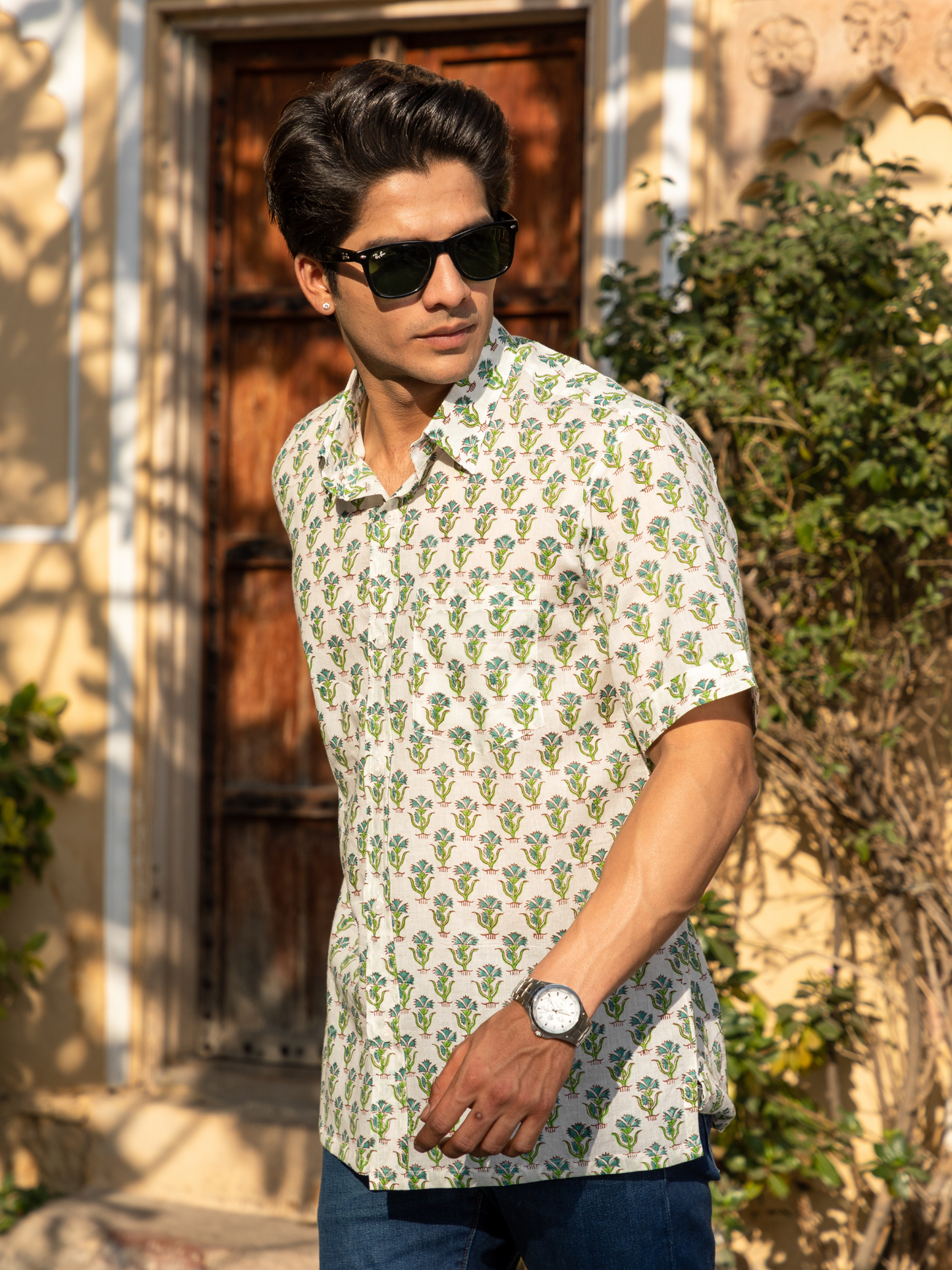 Green Block Printed Floral Buti Shirt
