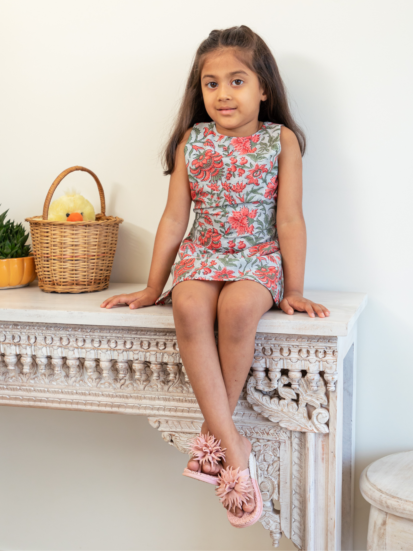 Grey and Red Hand Block Floral Jaal Print Frock