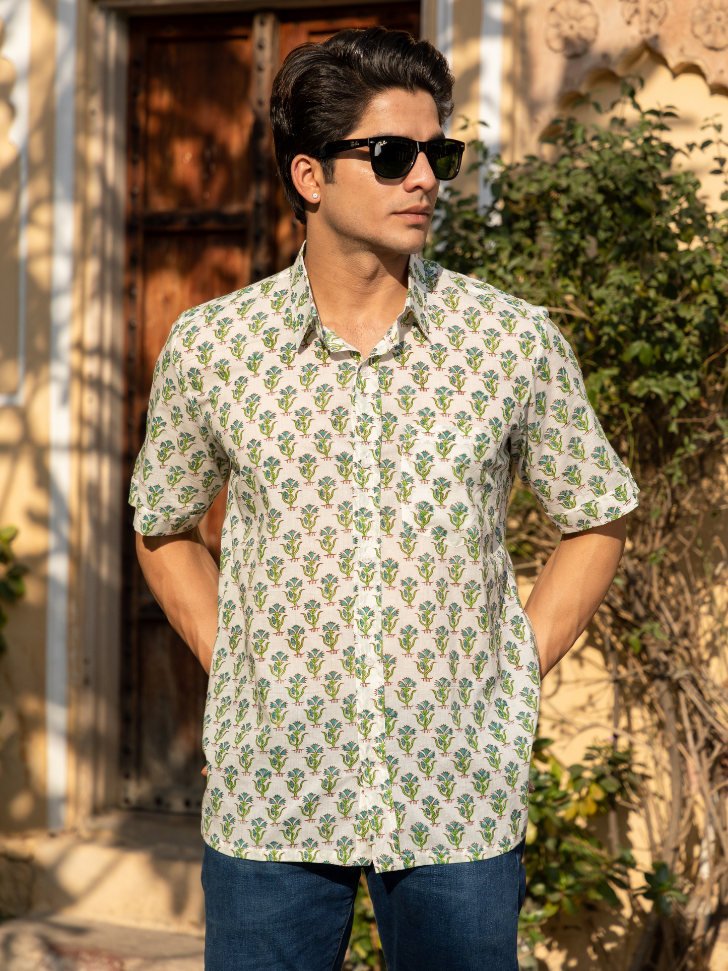Green Block Printed Floral Buti Shirt