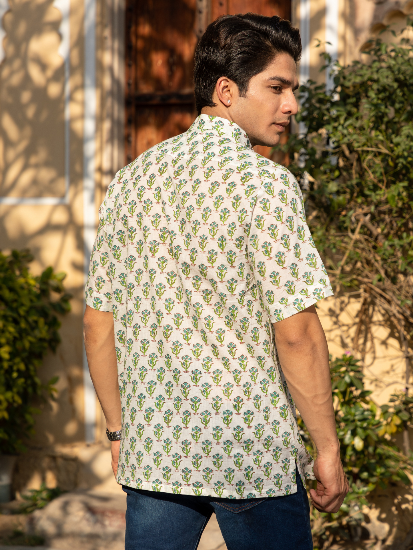 Green Block Printed Floral Buti Shirt