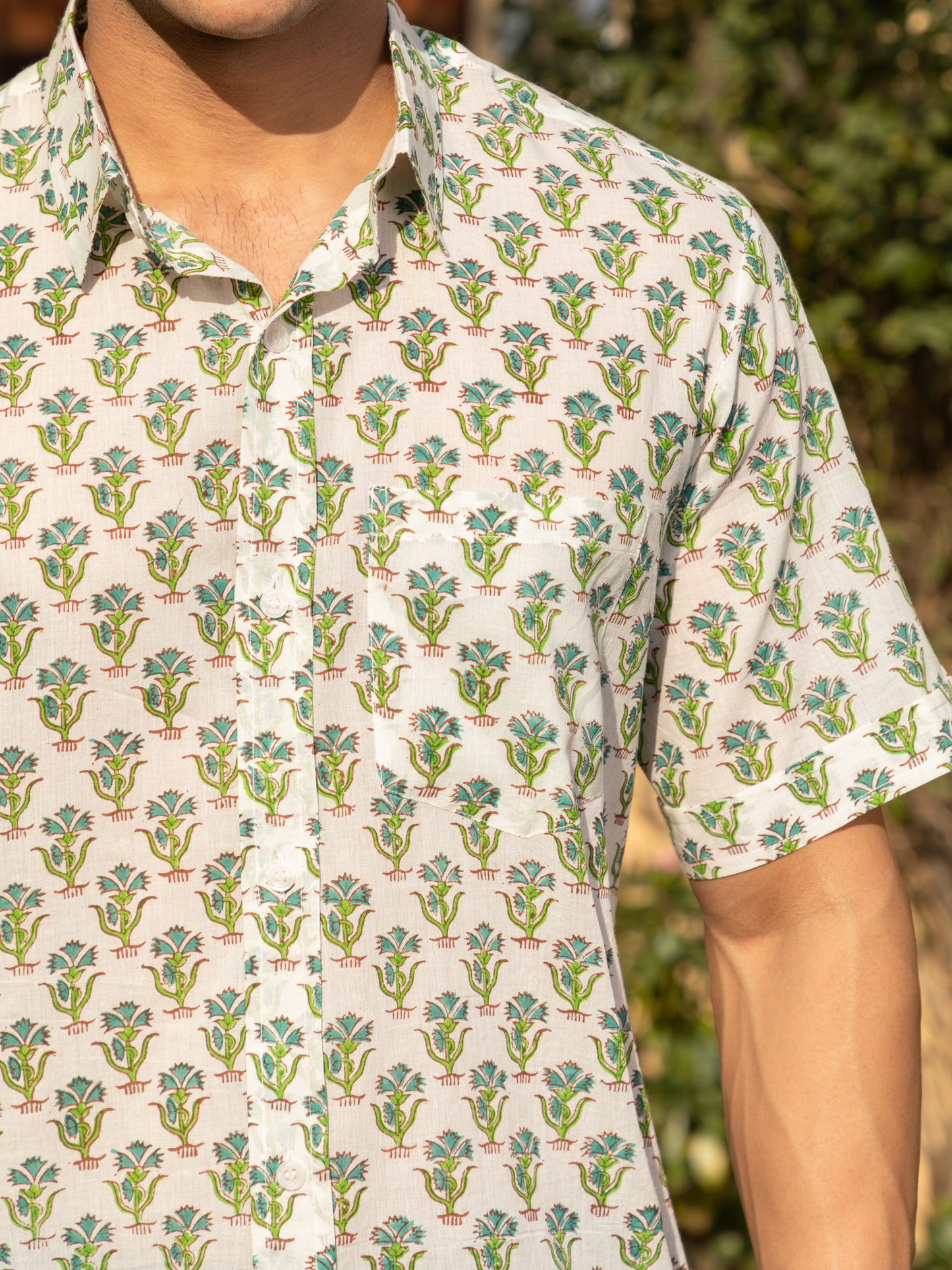 Green Block Printed Floral Buti Shirt