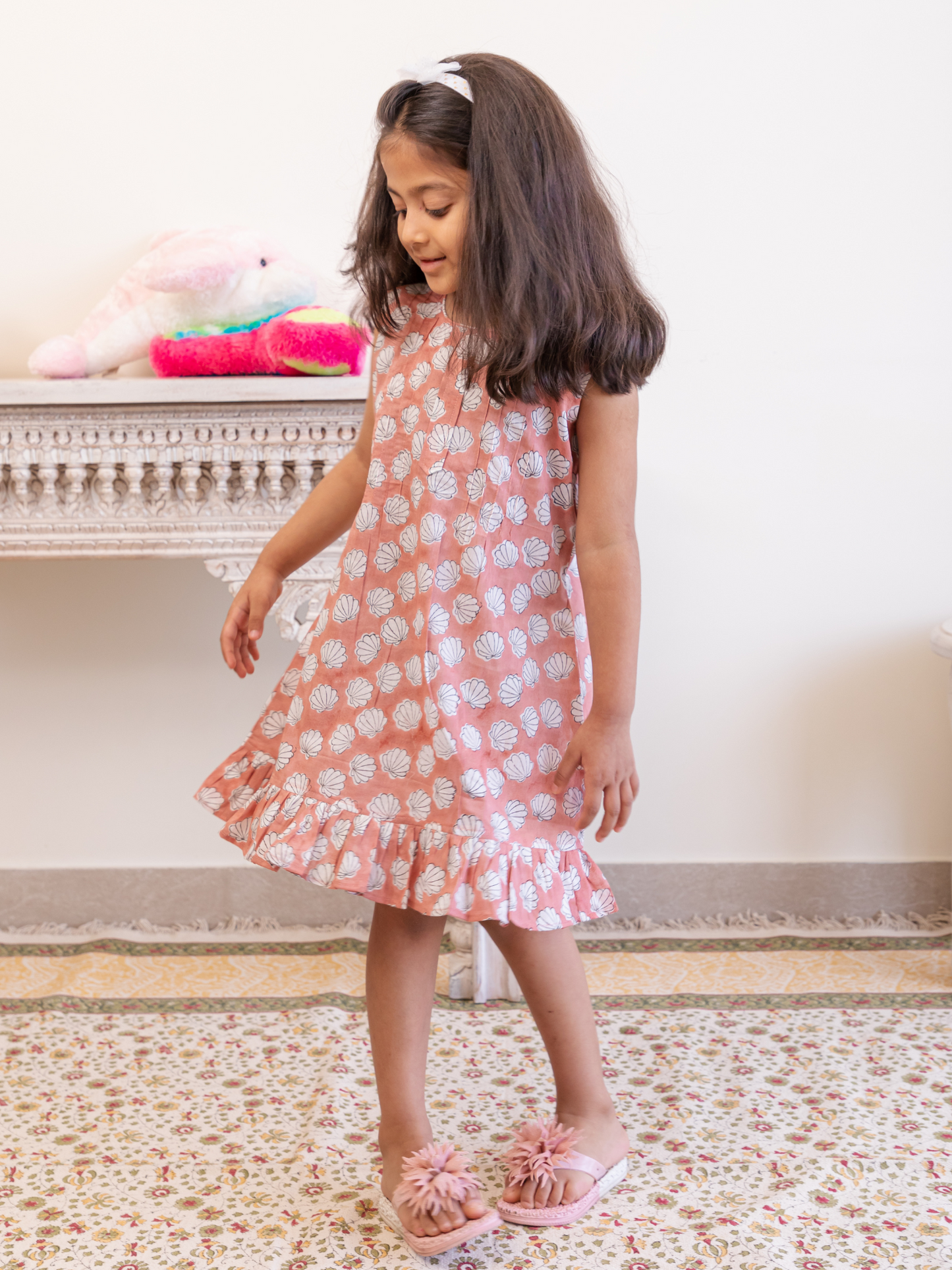 Yellow and Peach Colour Hand Block Printed Shell Buti Dress