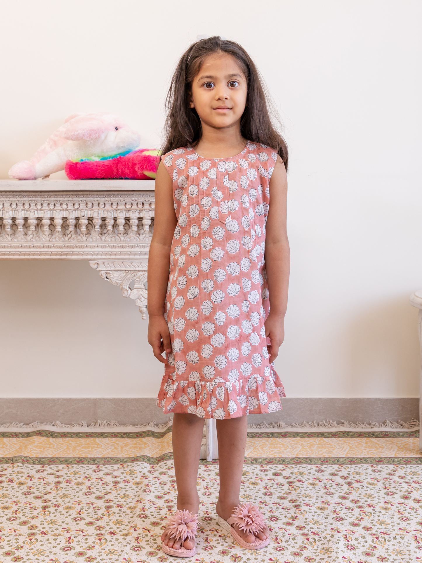 Yellow and Peach Colour Hand Block Printed Shell Buti Dress