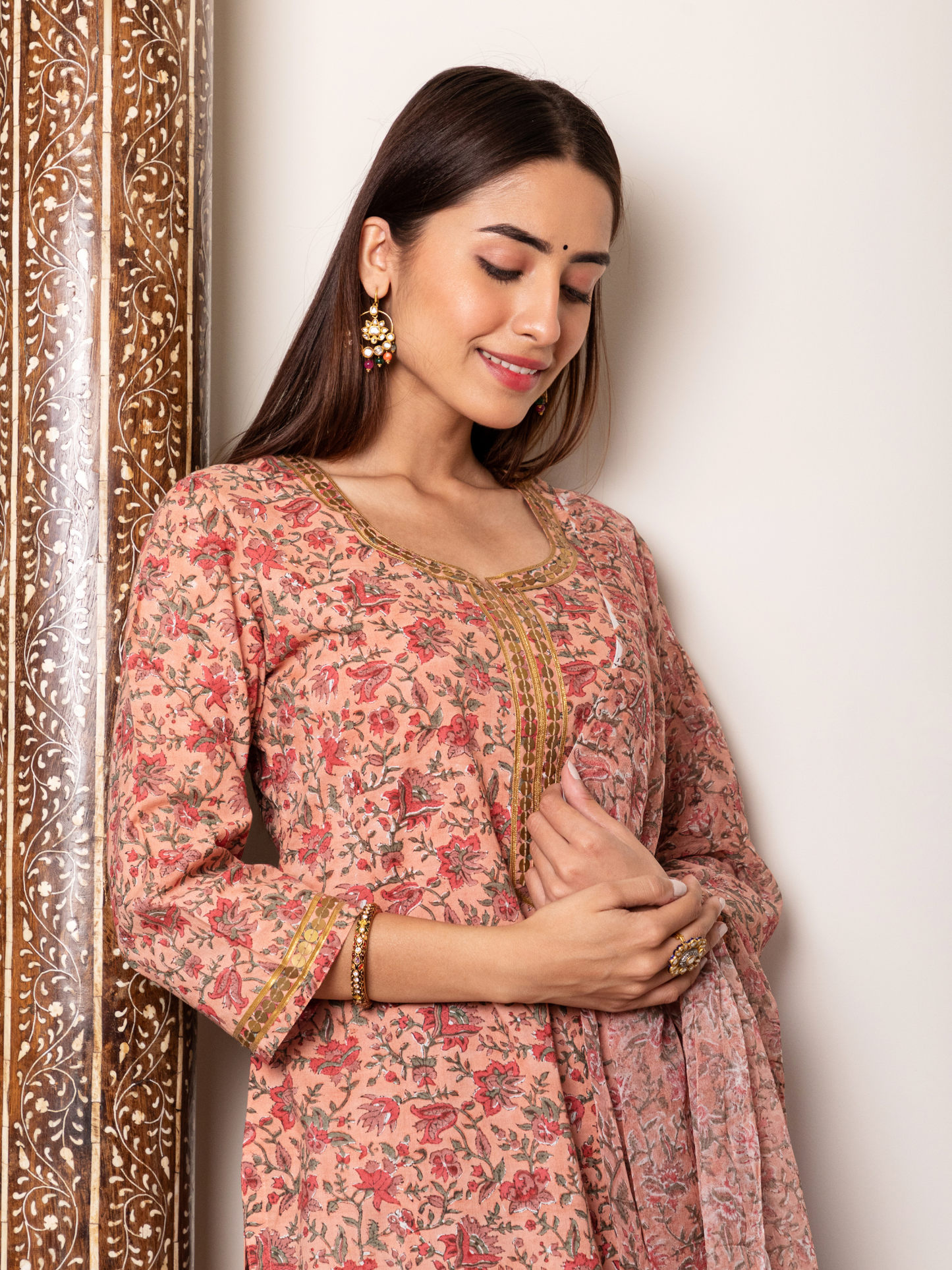 Peach and Black Floral Jaal Gharara Set