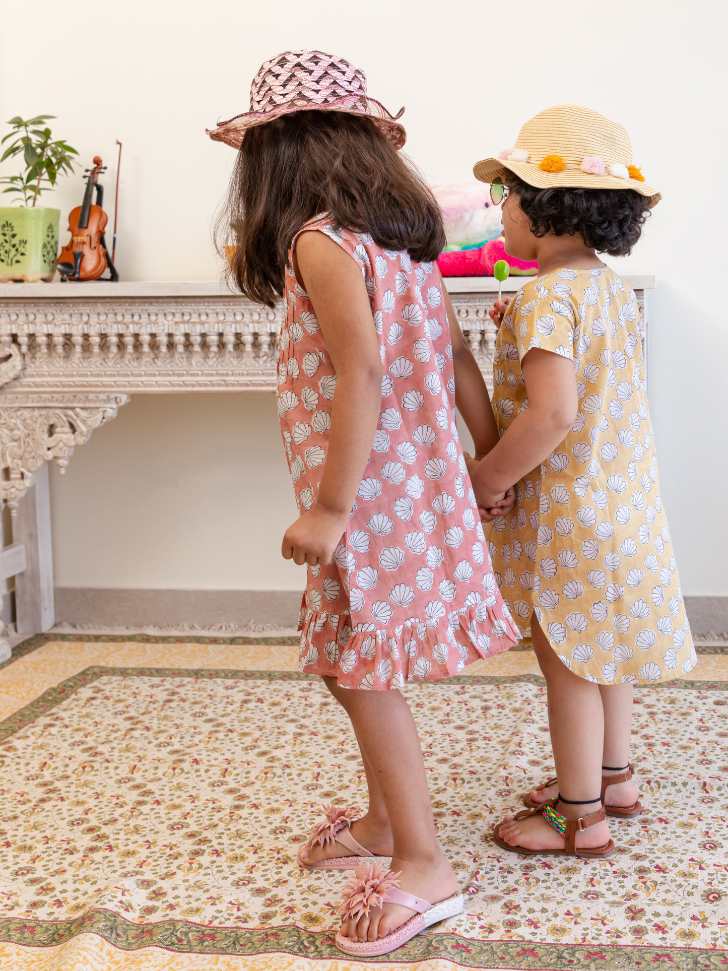 Yellow and Peach Colour Hand Block Printed Shell Buti Dress