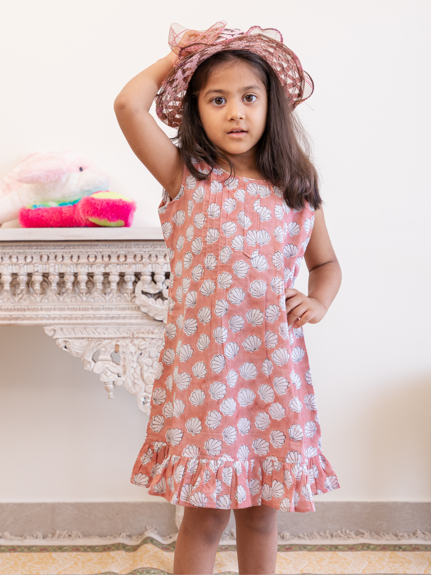 Yellow and Peach Colour Hand Block Printed Shell Buti Dress