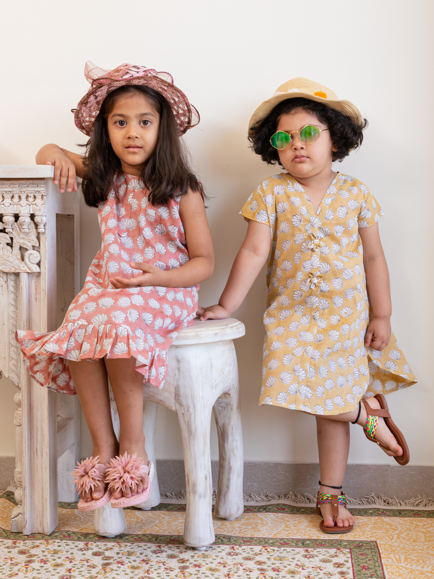 Yellow and Peach Colour Hand Block Printed Shell Buti Dress