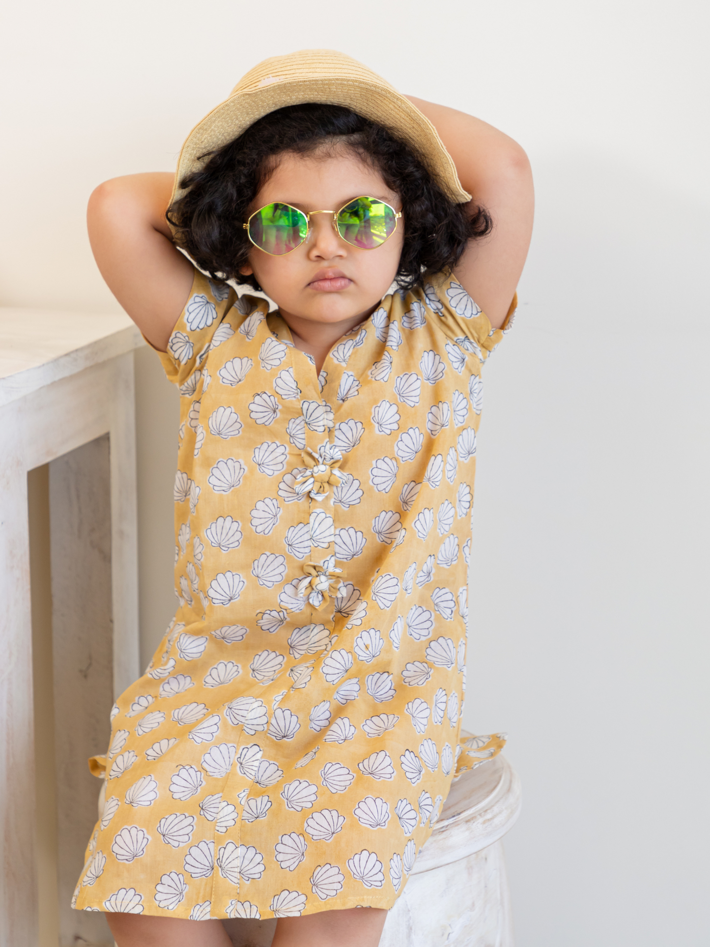 Yellow and Peach Colour Hand Block Printed Shell Buti Dress