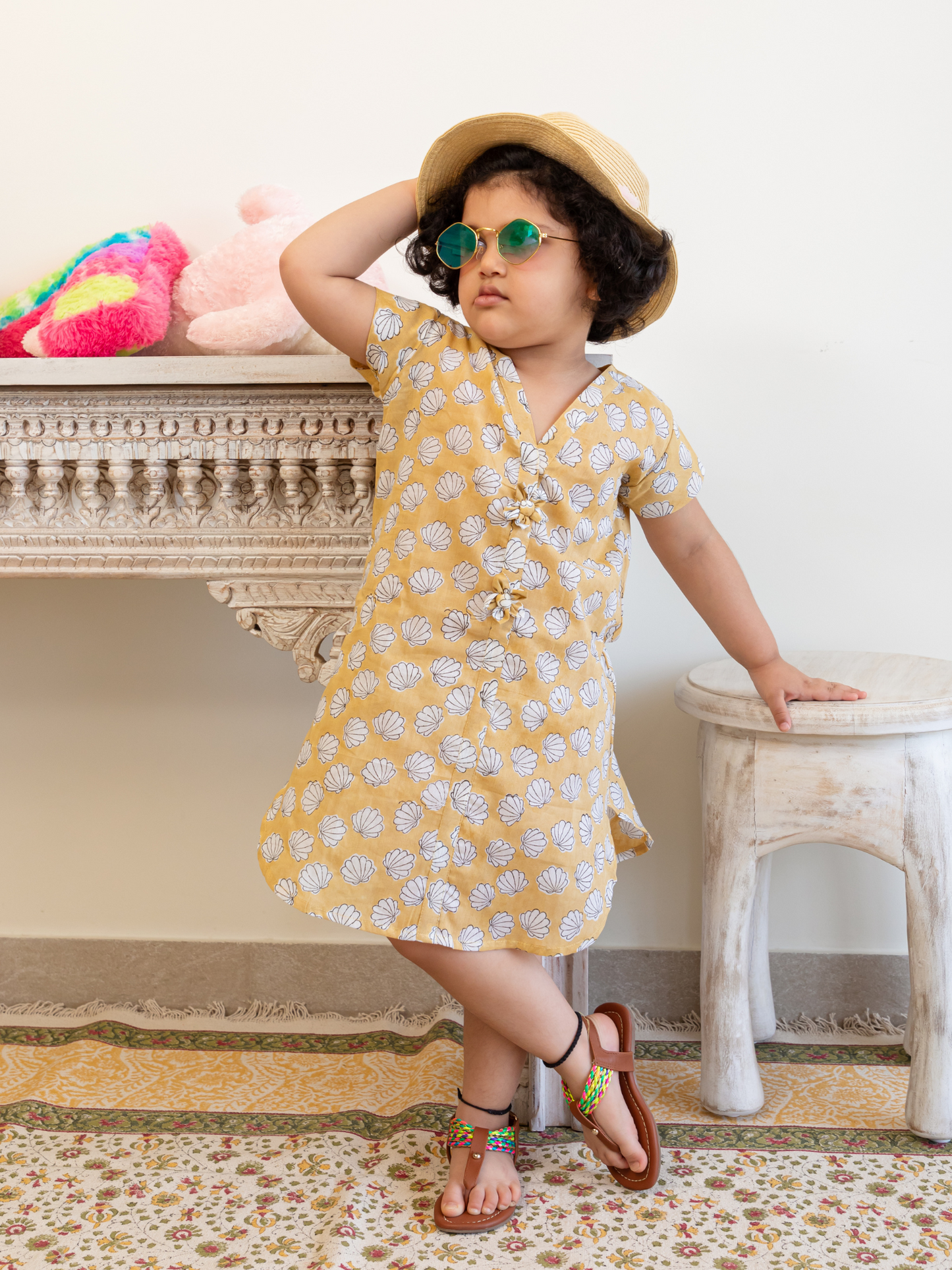Yellow and Peach Colour Hand Block Printed Shell Buti Dress