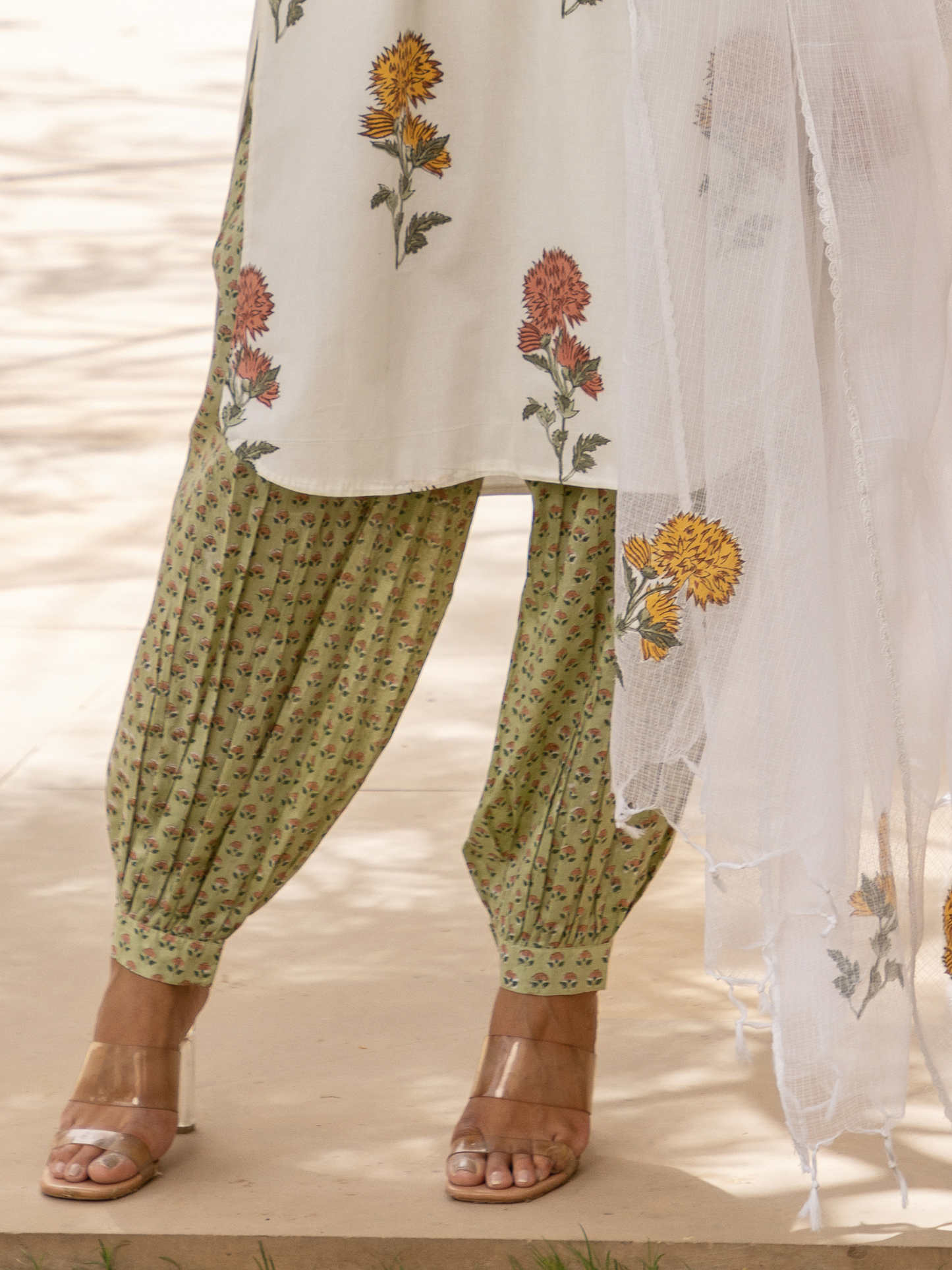 Hand Block Printed Green Buti Harem, Cigarette Pants