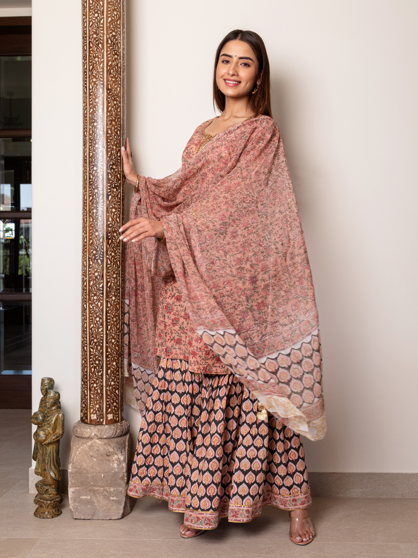 Peach and Black Floral Jaal Gharara Set