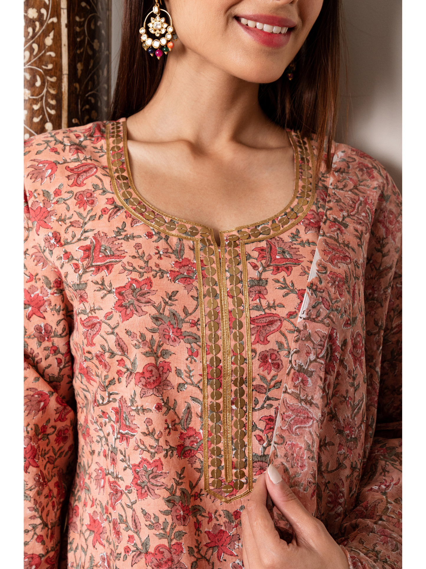 Peach and Black Floral Jaal Gharara Set