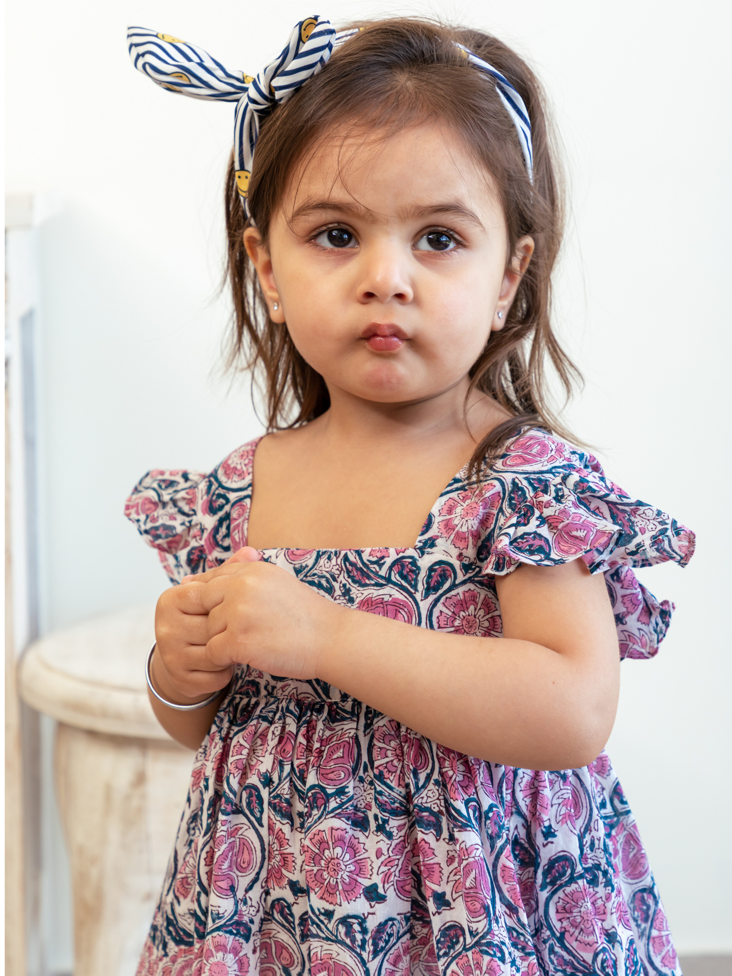 Pink Floral Hand Block Jaal Print Bow and Frilled Frock