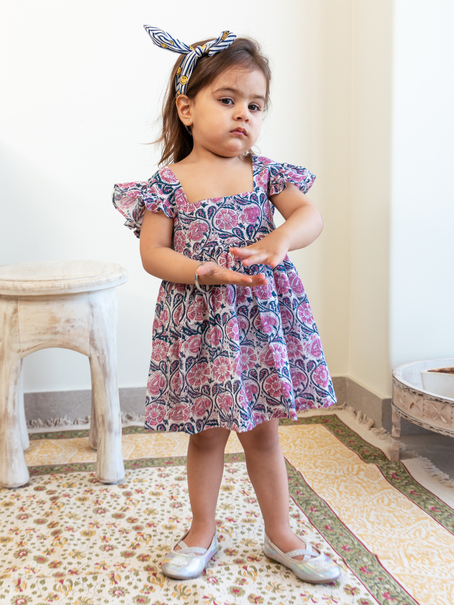 Pink Floral Hand Block Jaal Print Bow and Frilled Frock