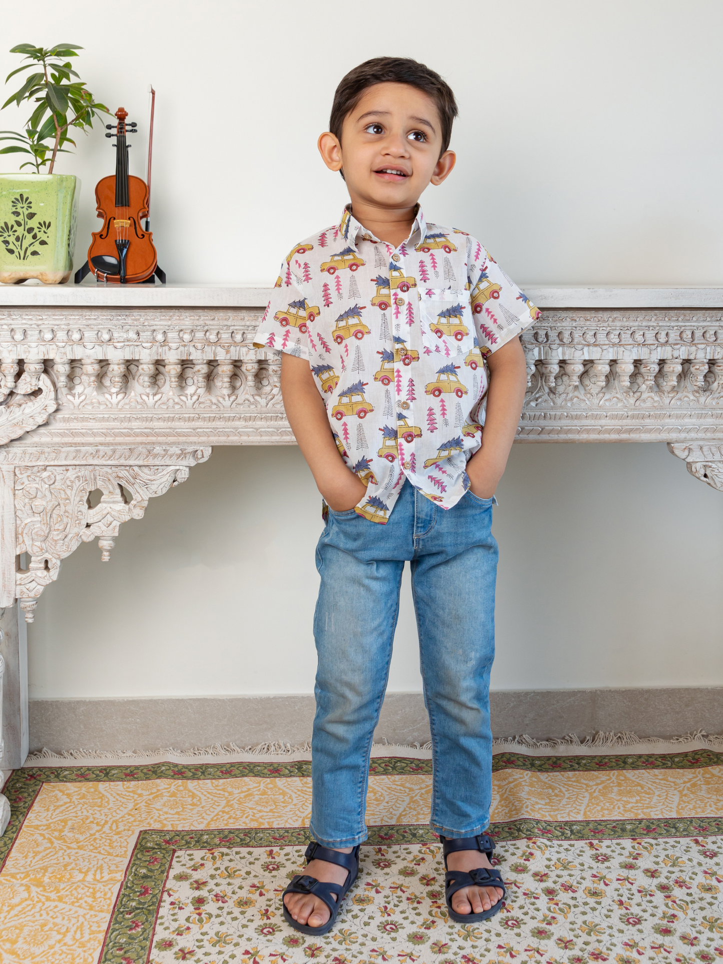 Hand Block Car Tree Printed Shirt for Boy