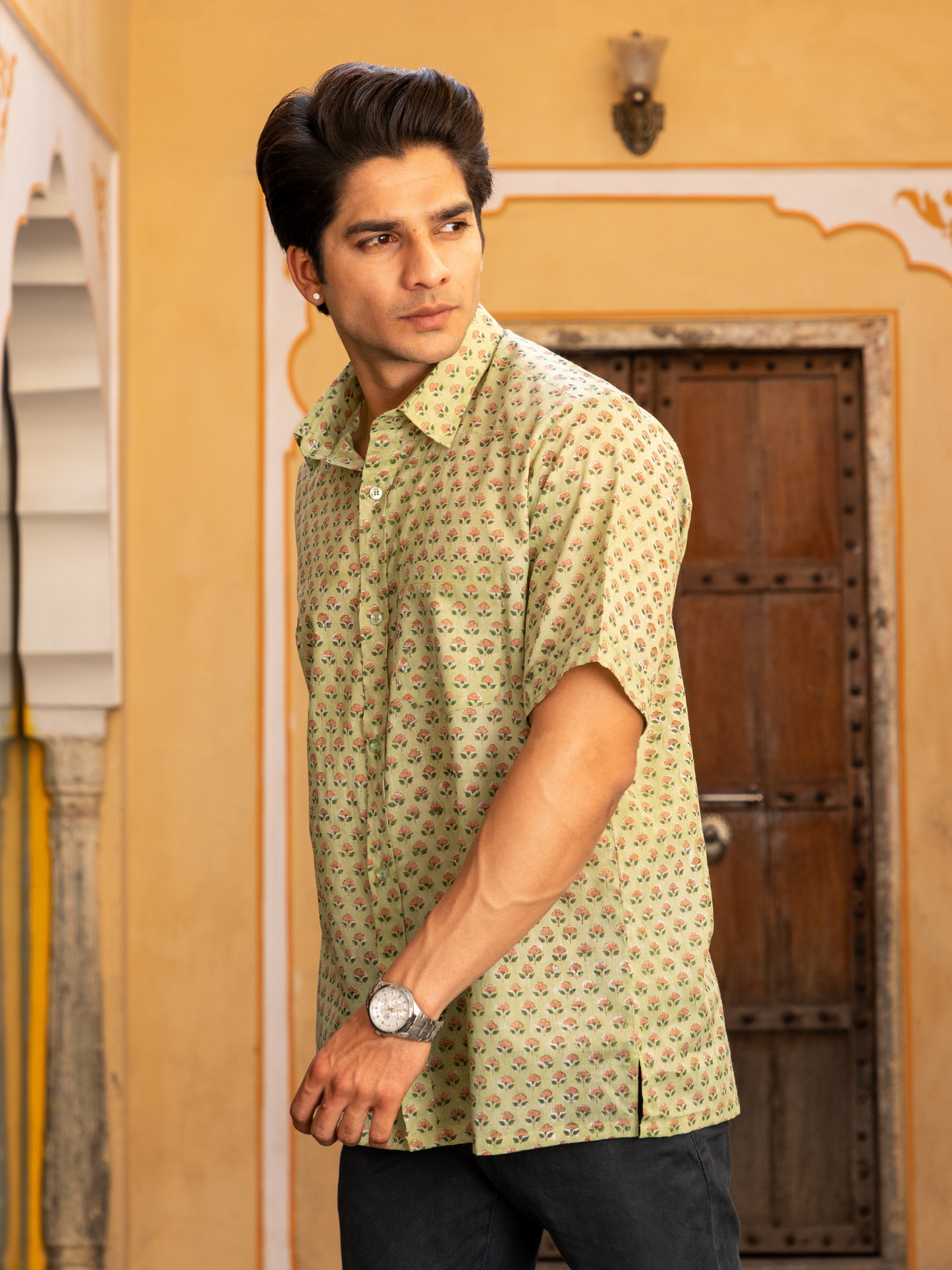 Lite Green Block Printed Buti Floral Shirt