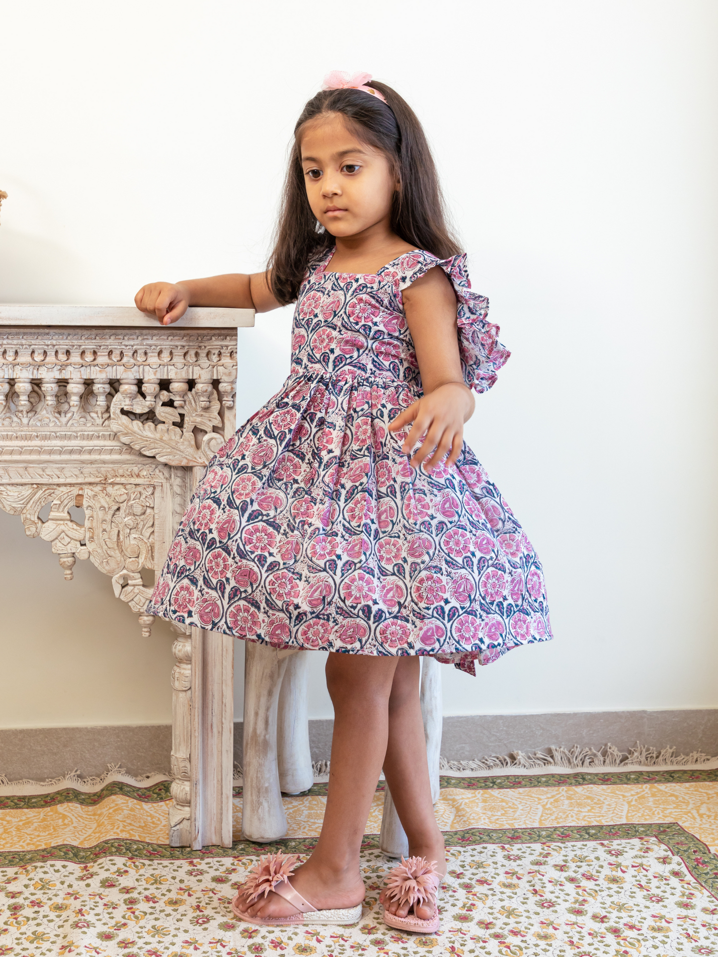 Pink Floral Hand Block Jaal Print Bow and Frilled Frock