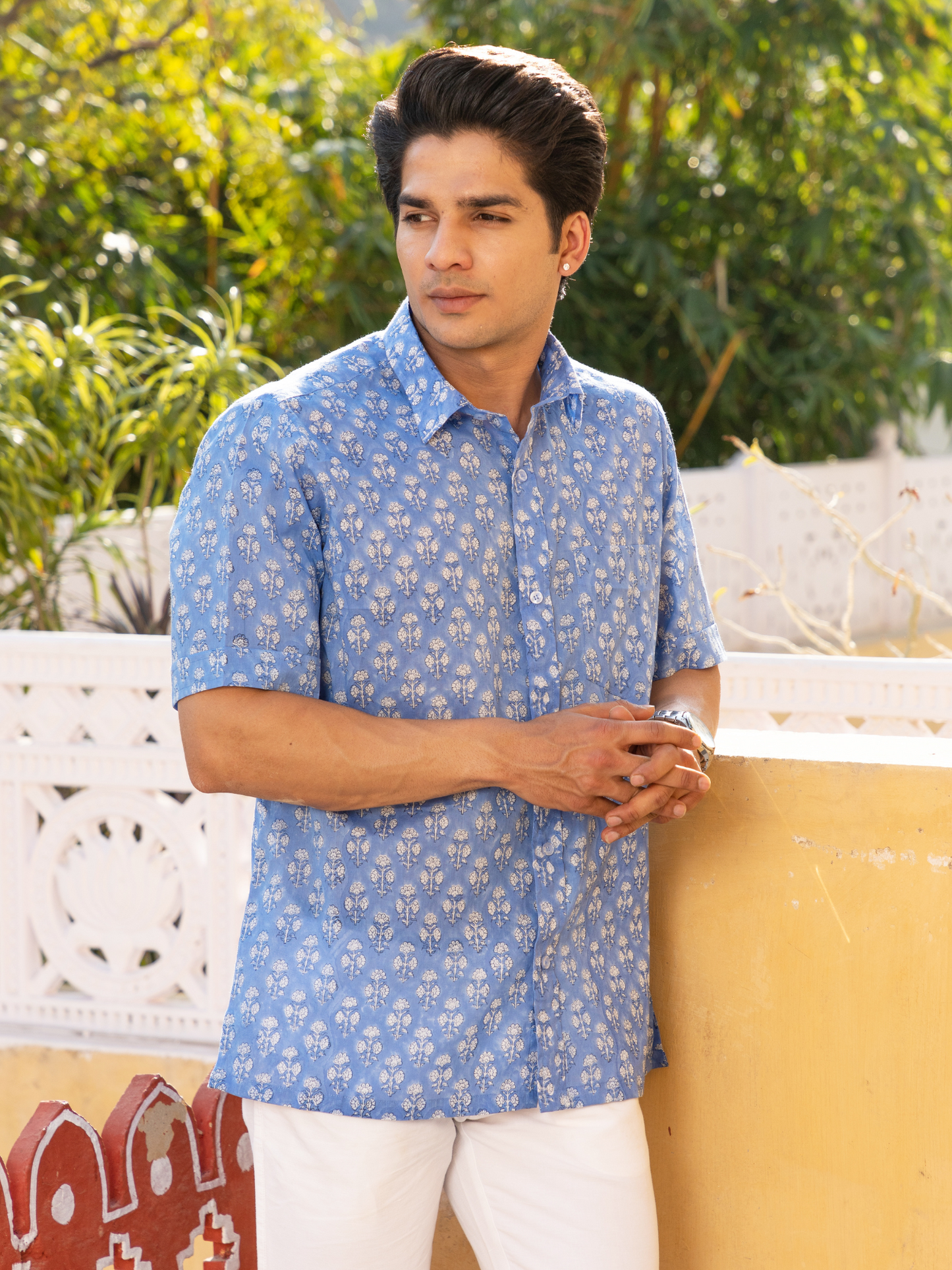 Sky Blue Block Printed Floral Buti Shirt
