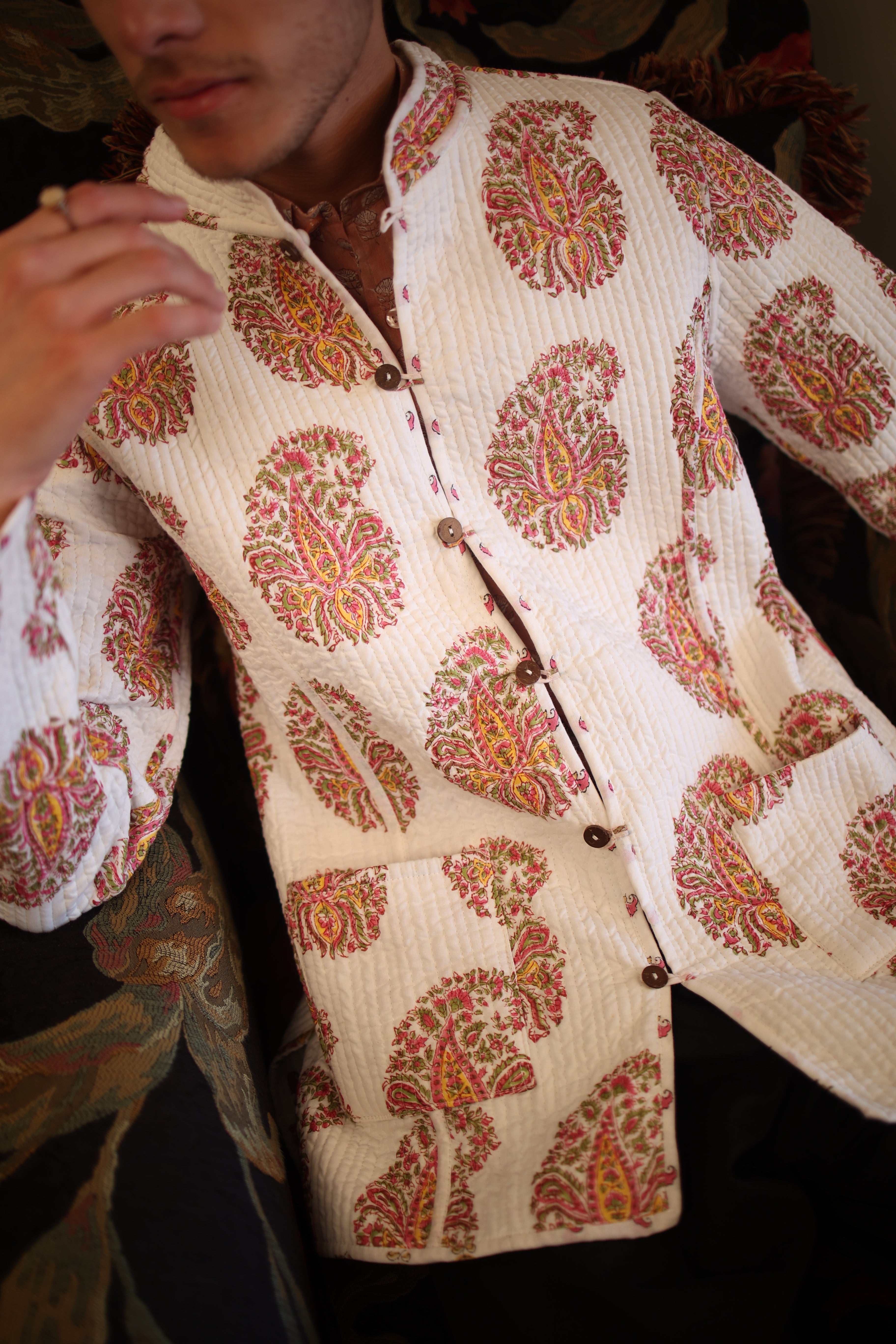 Block Printed Pink Paisley Buti Quilted Jacket