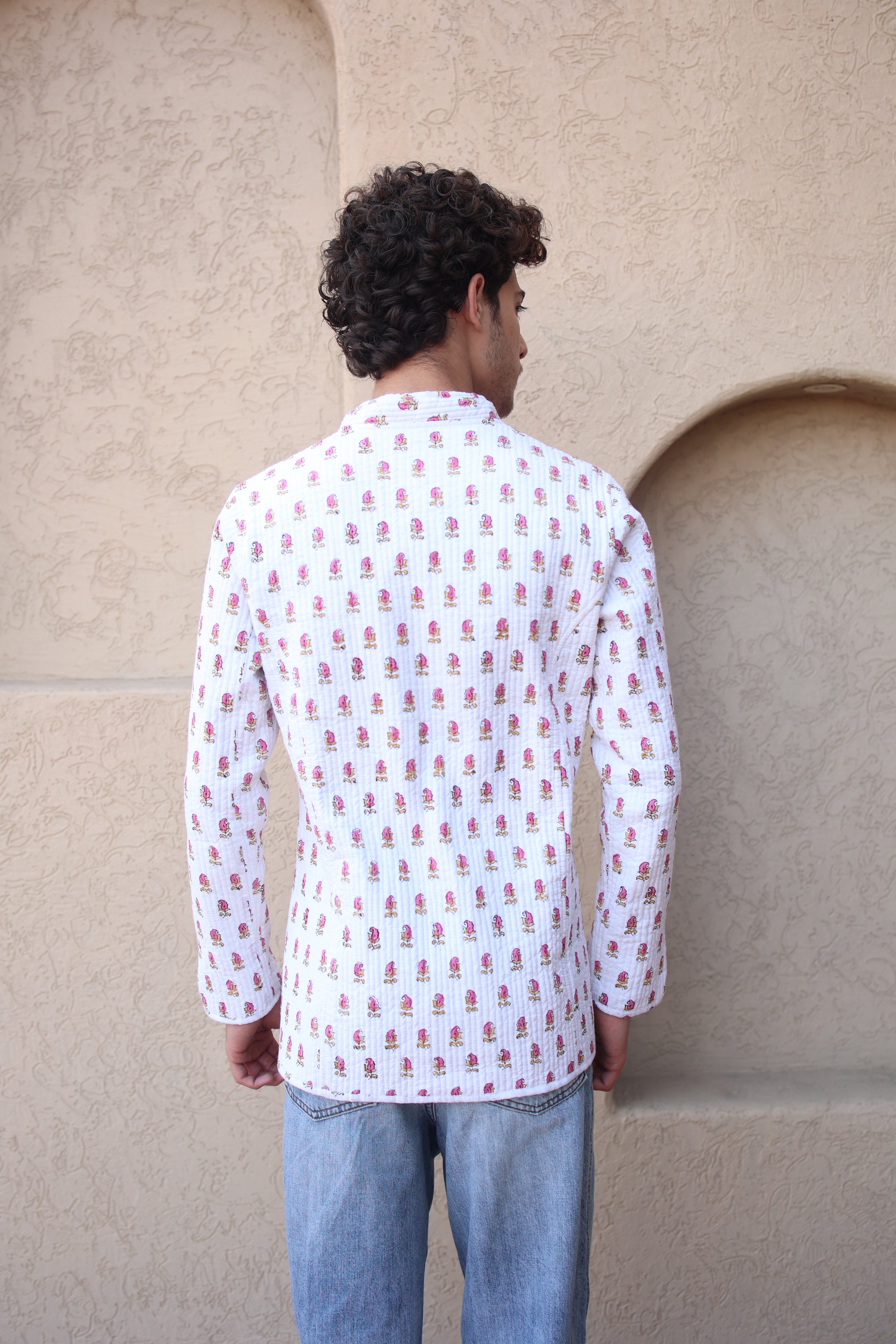 Block Printed Pink Paisley Buti Quilted Jacket