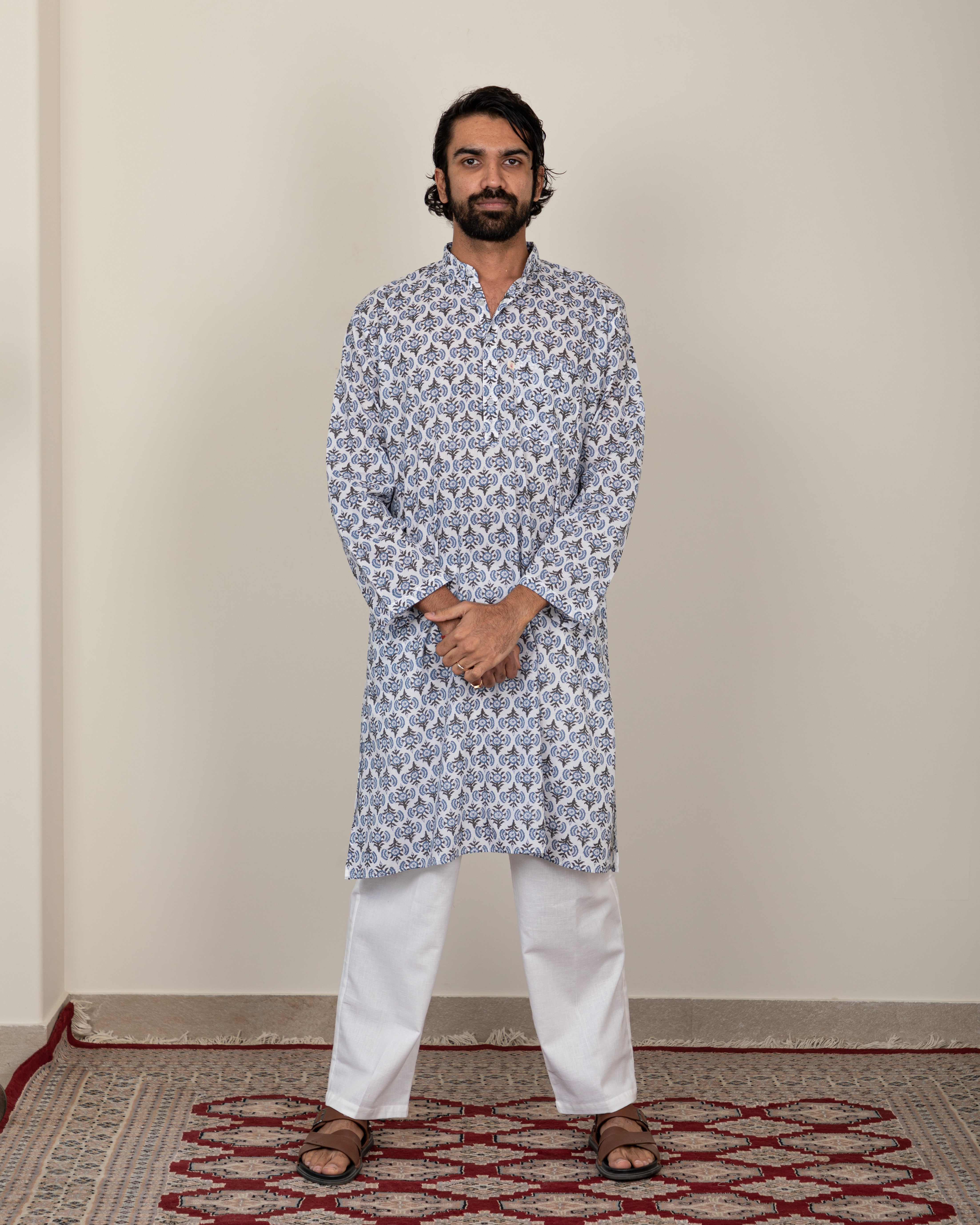 Block Printed Black & Blue Men's Kurta