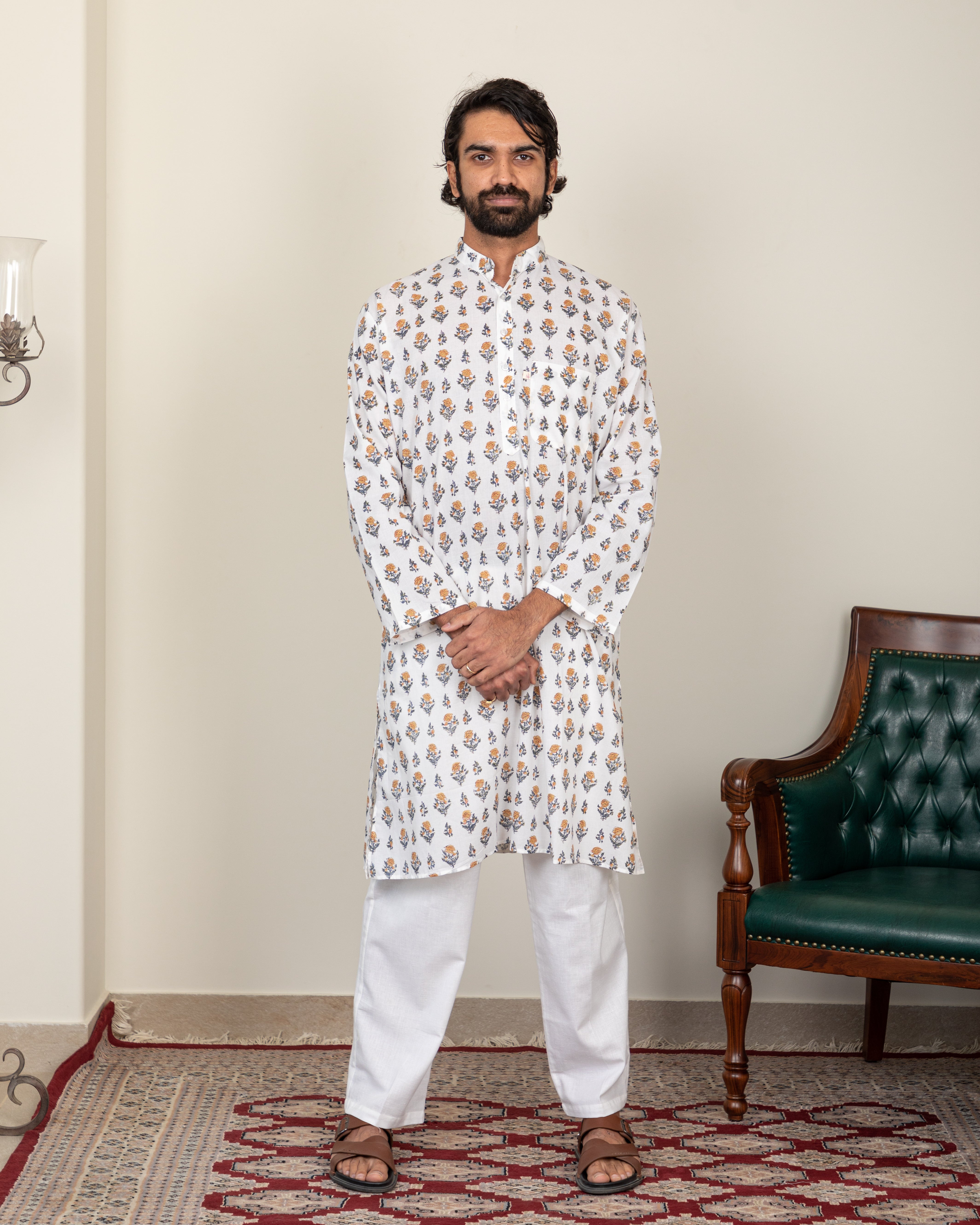 Block Printed Yellow & Black Buti Men's Kurta