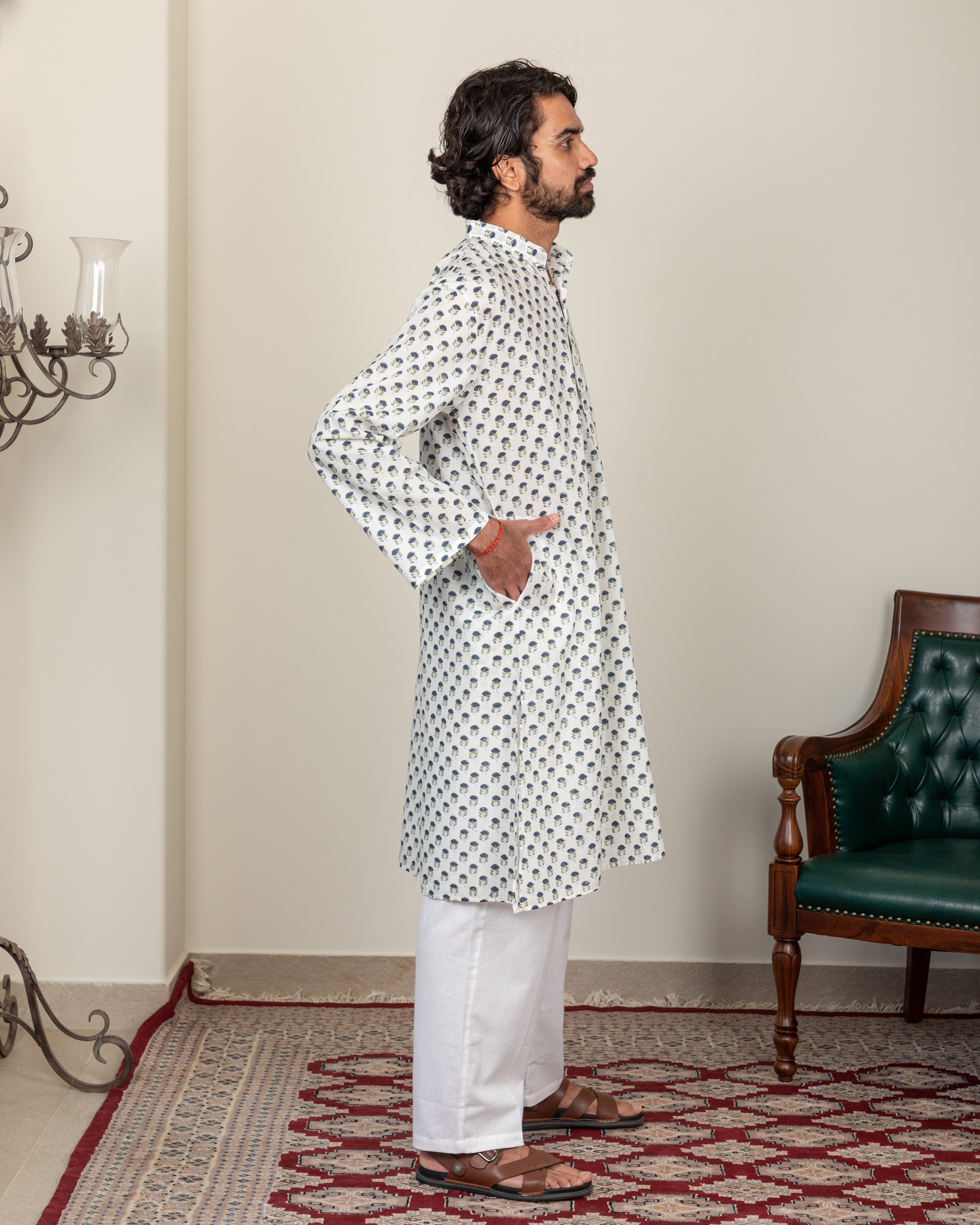 Block Printed Blue & Green Buti Men's Kurta