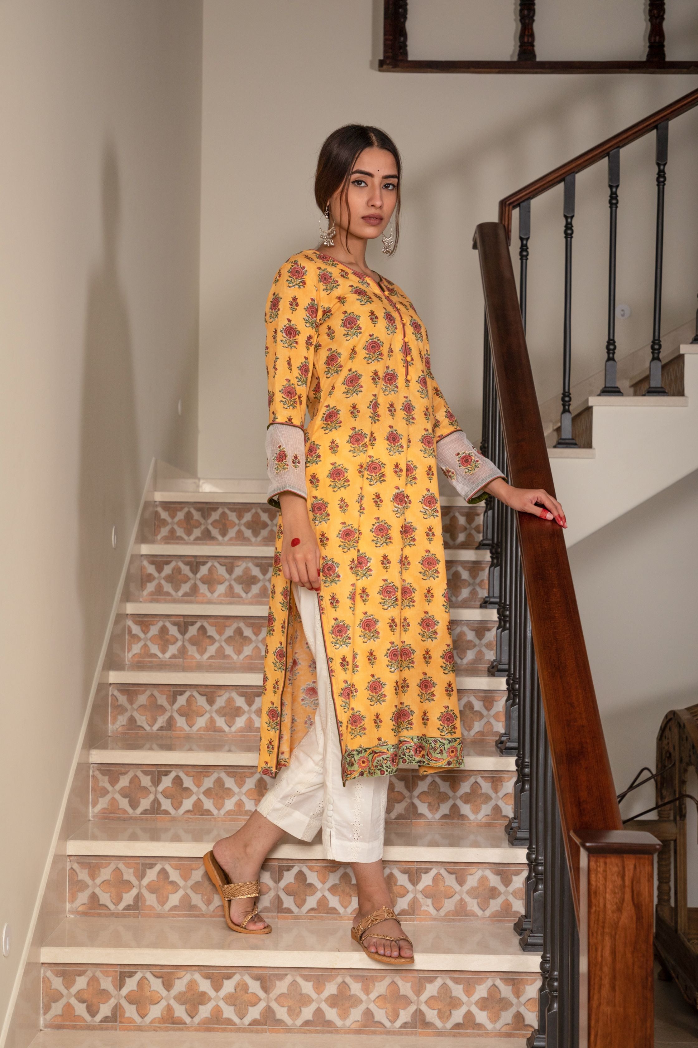 Yellow and Peach Floral Buti Kurta & Dupatta