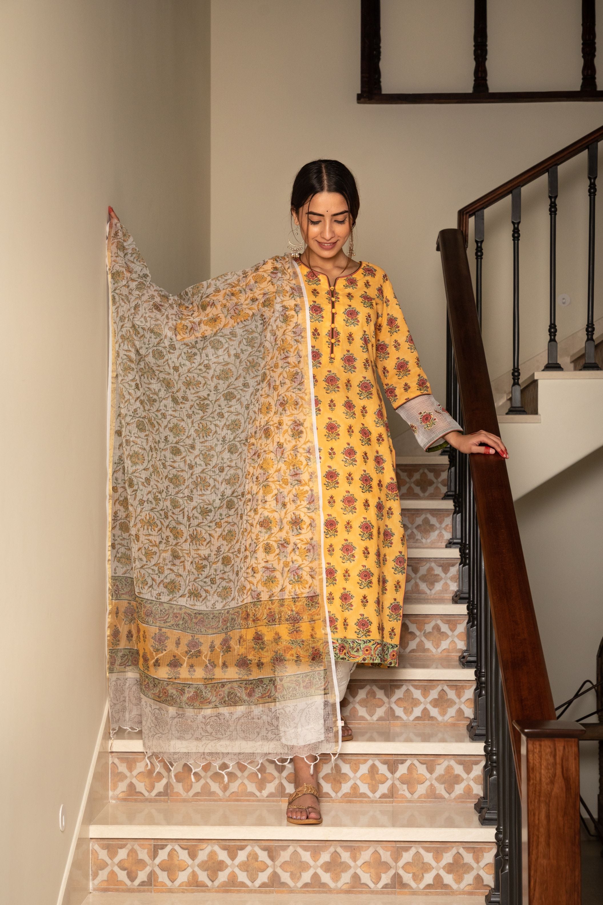 Yellow and Peach Floral Buti Kurta & Dupatta