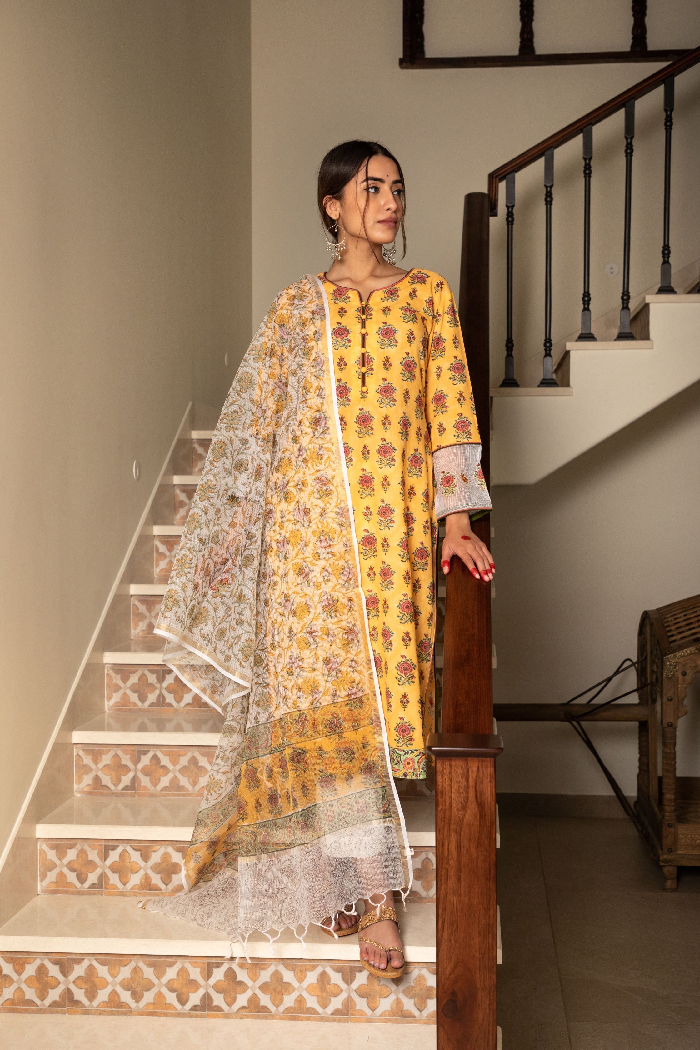 Yellow and Peach Floral Buti Kurta & Dupatta