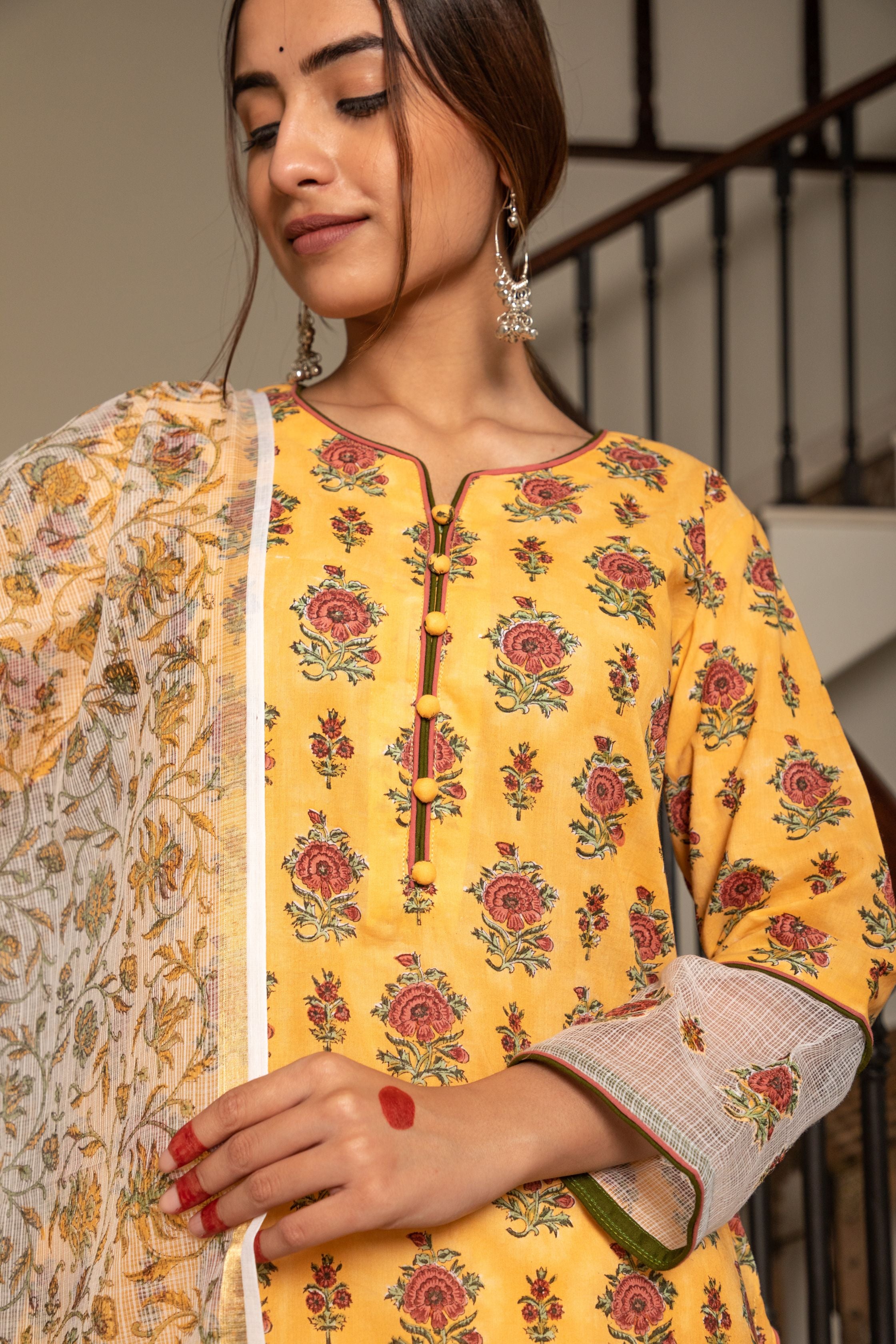 Yellow and Peach Floral Buti Kurta & Dupatta