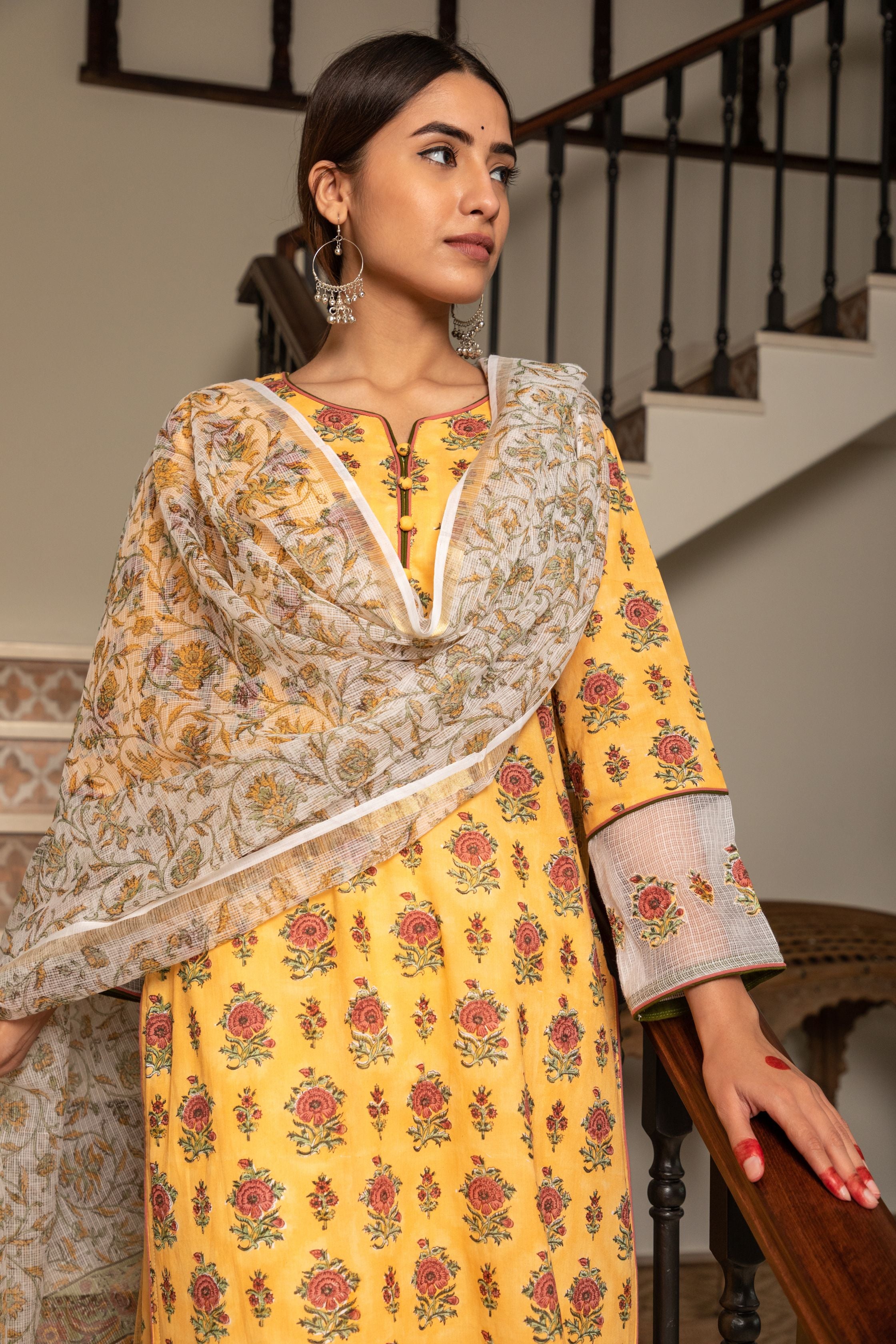 Yellow and Peach Floral Buti Kurta & Dupatta