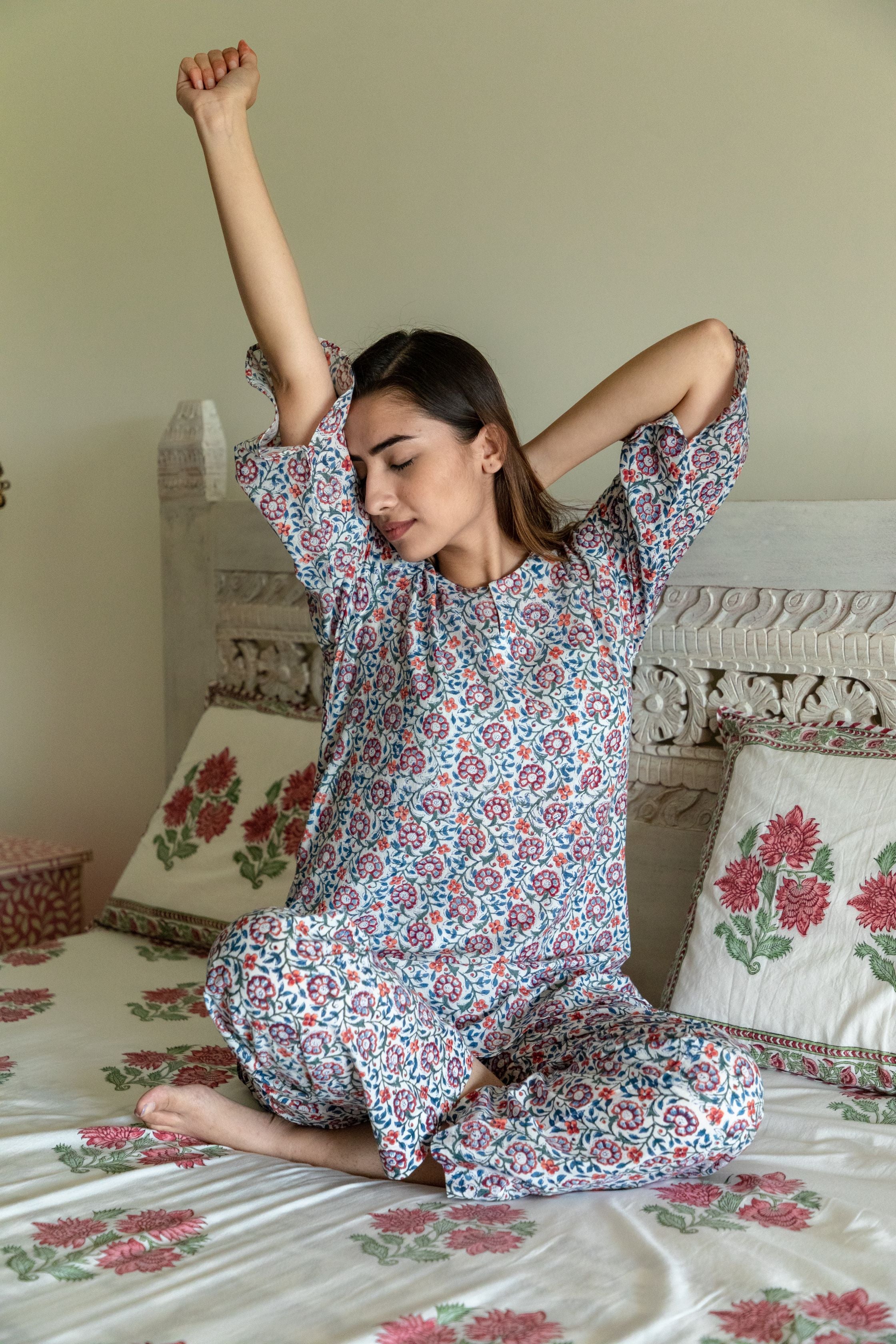 Teal & Rust Floral Loungewear Kurta and Pyjama