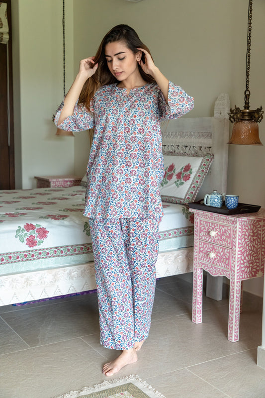 Teal & Rust Floral Loungewear Kurta and Pyjama