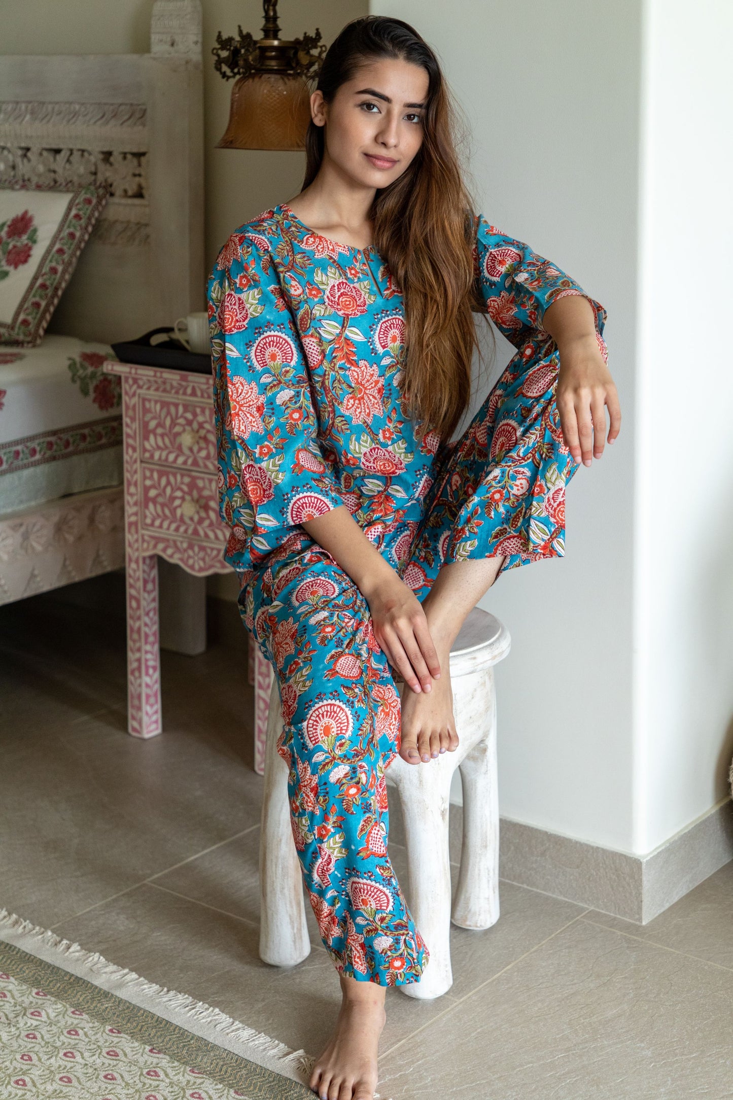 Teal Blue Floral Loungewear Kurta and Pyjama