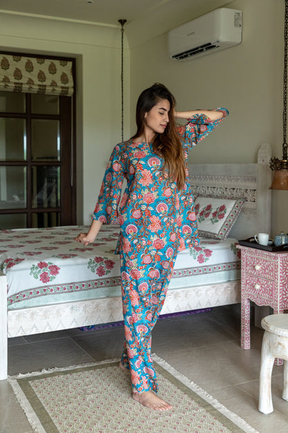 Teal Blue Floral Loungewear Kurta and Pyjama