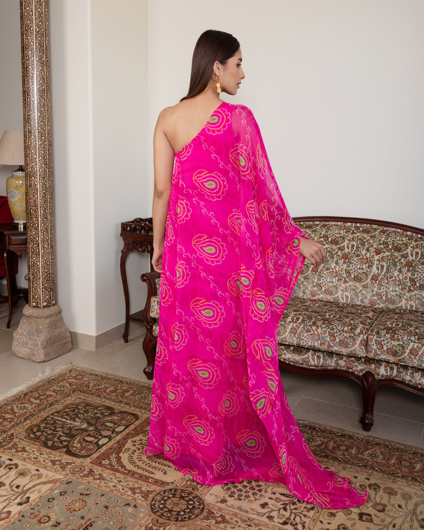 Pink Bandhani Off Shoulder Kaftan