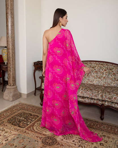 Pink Bandhani Off Shoulder Kaftan